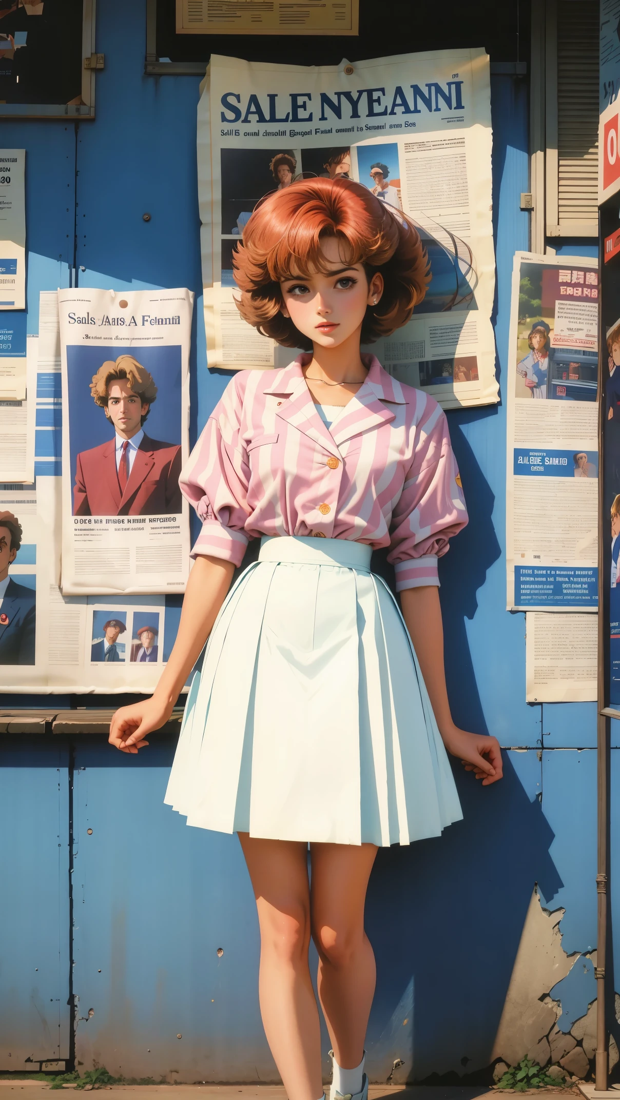 1980s anime style,old fashion,old newspaper background,Salefani