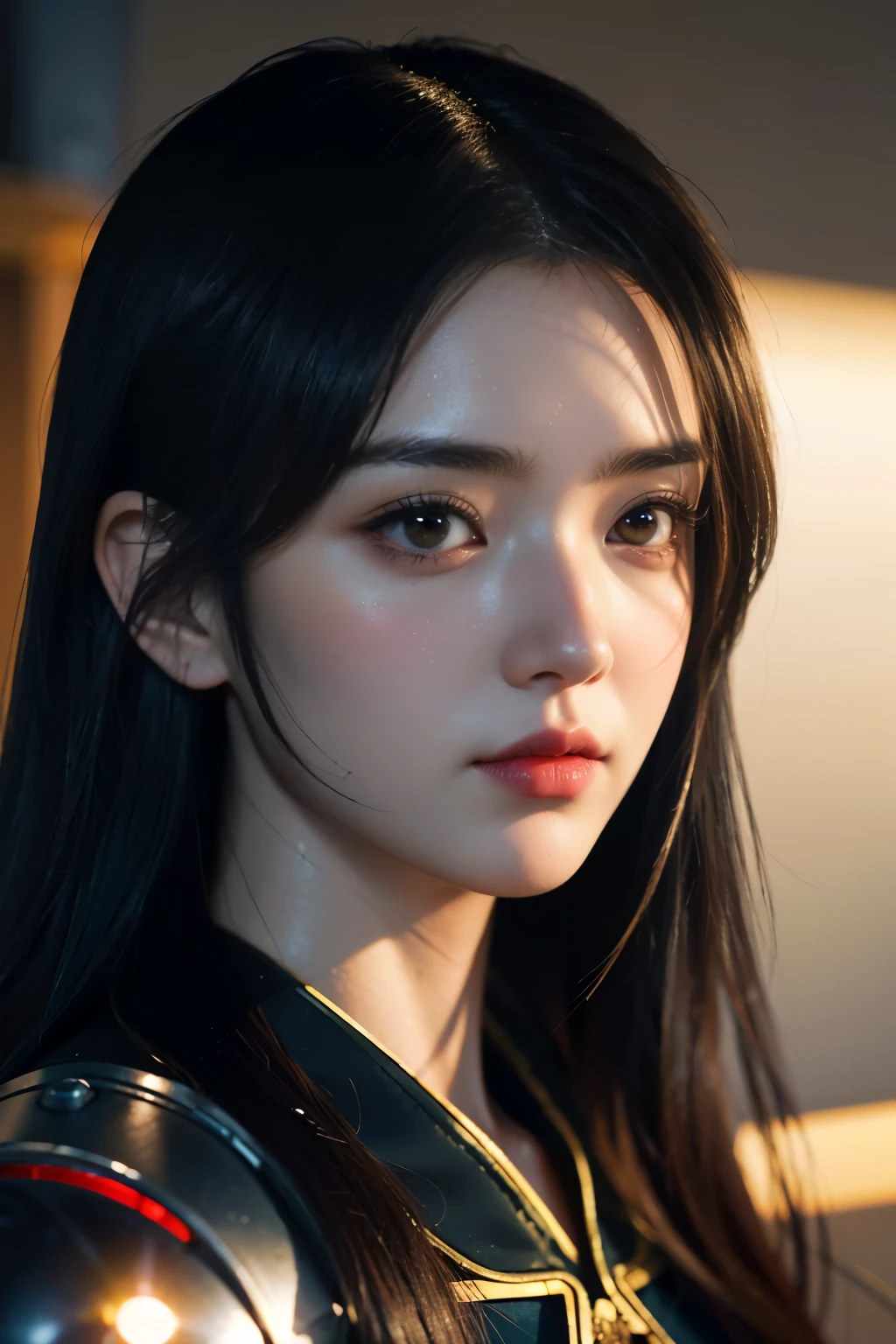 Game art，The best picture quality，Highest resolution，8K，((A bust photograph))，((Portrait))，((Head close-up:1.5))，(Rule of thirds)，Unreal Engine 5 rendering works， (The Girl of the Future)，(Female Warrior)， 22岁少女，(Female hackers)，(Ancient Oriental hairstyle)，((The pupils of the red eyes:1.3))，(A beautiful eye full of detail)，(Big breasts)，(Eye shadow)，优雅迷人，冷漠，((Anger))，(Future style silk combat suit combined with the characteristics of Chinese cheongsam，Joint Armor，There are exquisite Chinese patterns on the clothes，A flash of jewellery)，赛博朋克人物，未来风格， 拍照姿势，城市背景，Movie lights，Ray tracing，Game CG，((3D Unreal Engine))，oc渲染反射纹