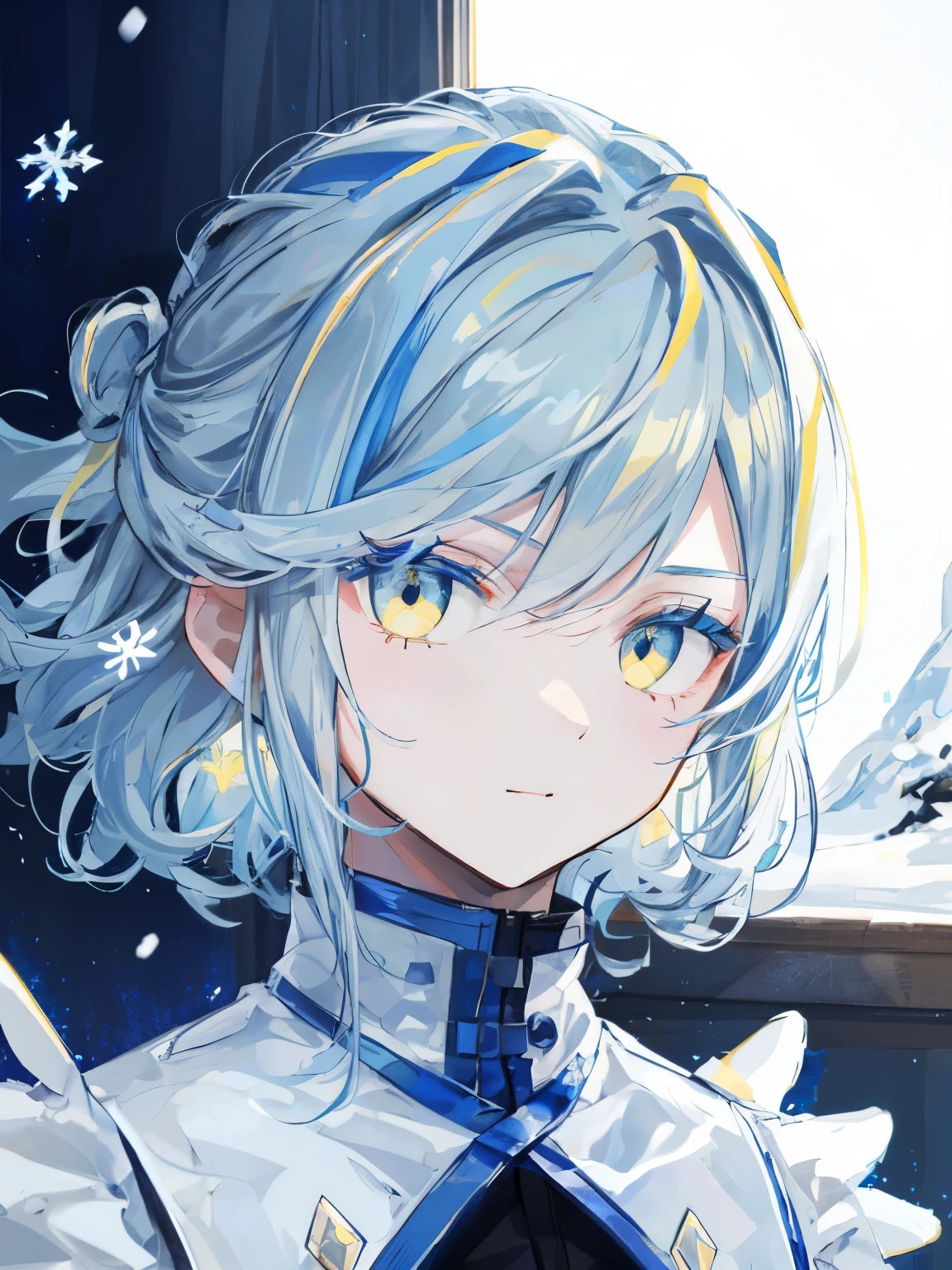 highest quality、table top、super detailed、perfect face、very detailed、very delicate、1 boy, (cute), Angel, light blue hair、half up、place々Blue Mesh、blue and yellow gradient eyes、Noble attire、snow mountain、Snow blows