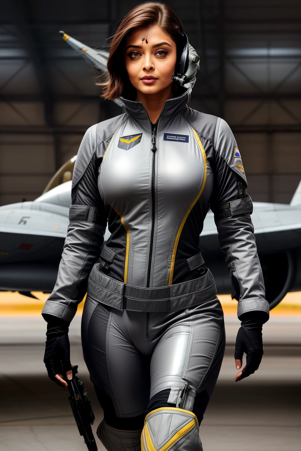 Aishwarya rai as fighter pilot, ((grey fighter pilot uniform)), high boots, posing in catwalk in hanger, day scene, mature curvaceous hourglass figure, massives boobs, look straight at camera, ((bob cut hair)), sexy 50 yo MILF, soft volumetric lights, intricate details, (ArtStation:1.2)