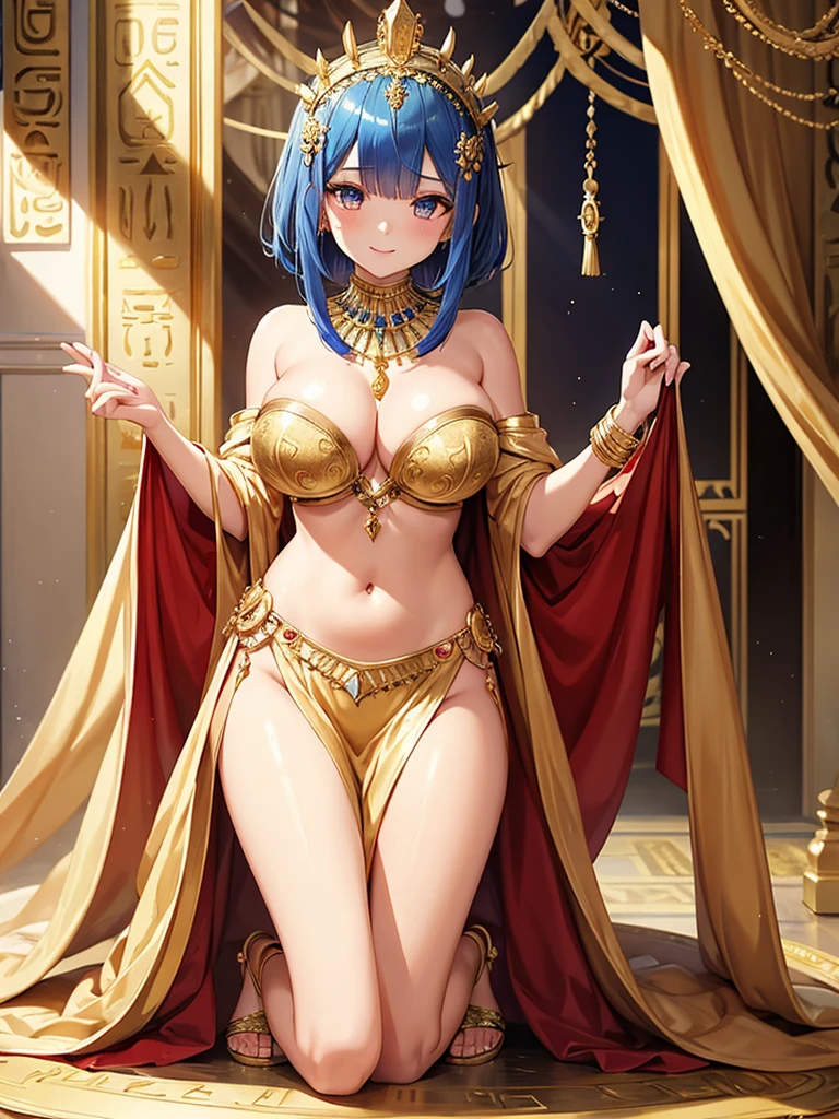 masterpiece, highest quality, super detailed,
1 girl,Rem,Re Zero, dark blue hair, short hair, fearless smile,belly button,cute,beautiful,
Cleopatra's enchanting Egyptian dress,Made from luxurious fabrics such as silk and satin、fitted floor-length gown, Highlight your legs with a bold high slit、Add a sheer feel, A cloak with golden drapes flowing behind, exuding regal allure Reminiscent
of Cleopatra
Enhance the look with an embellished
gold collar necklace and an ornate
headpiece, Reflecting the luxury of the Egyptian royal family、Complete your ensemble with strappy gold sandals that complement your overall glamorous look,(from the knees up),