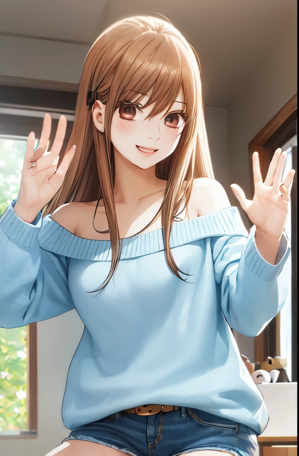 masterpiece, highest quality, 8K, 超High resolution, highest quality, anime style, best writing, beautiful face, smile, 1 girl, open your mouth, smile, highest quality, High resolution, intricate details, highest quality, chromatic aberration, brown hair, Do not tie hair, 1 girl, alone, (sweater:1.3), off shoulder, (denim shorts:1.3), long hair, thighs, long hair, (Upper body:1.3), wave hands, girl&#39;s room, study