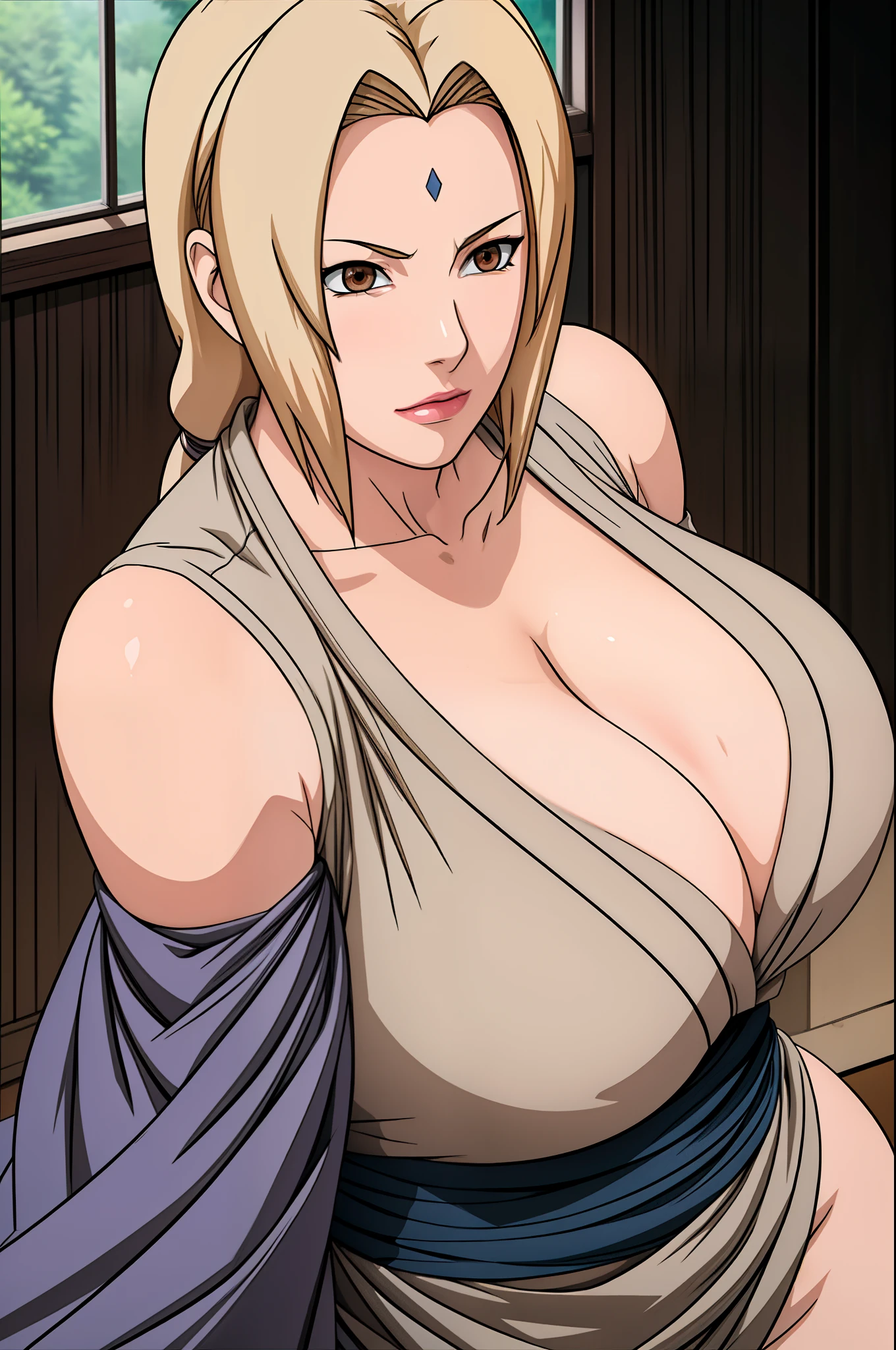 TSUNADE BLONDE HAIR HUGE BREASTS MASSIVE BOOBS INTENSE CLEAVAGE MATURE FEMALE LIGHT BROWN EYES THICK , masterpiece, best quality, 4k, 8k, professional photography, soft light, sharp focus, , ,add_detail:1, add_detail:0, add_detail:0.5,Oiled_skin / Glistening_skin / High_contrast / Perfect_lighting / etc.,