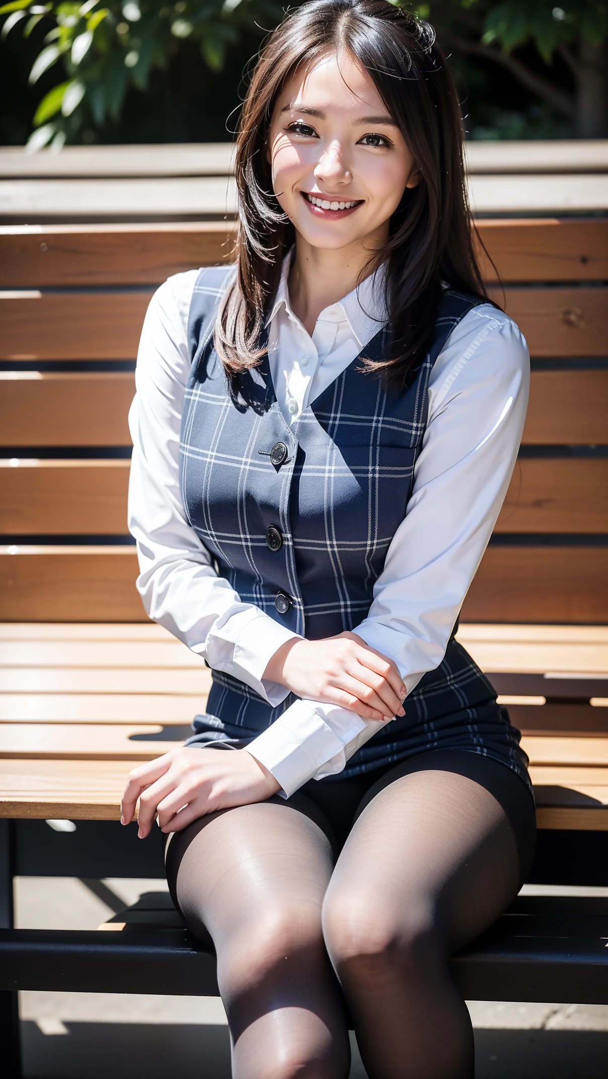 Ulchan-6500-v1.1, (RAW photo:1.2), (Photoreal), (genuine:1.4), 1girl、perfect anatomy、48 years old、look at the camera、medium long hair、plaid vest、((sitting on the bench:1.3))、(super realistic pantyhose:1.2), (high heels)、(Business service)、(very affectionate smile:1.2)、