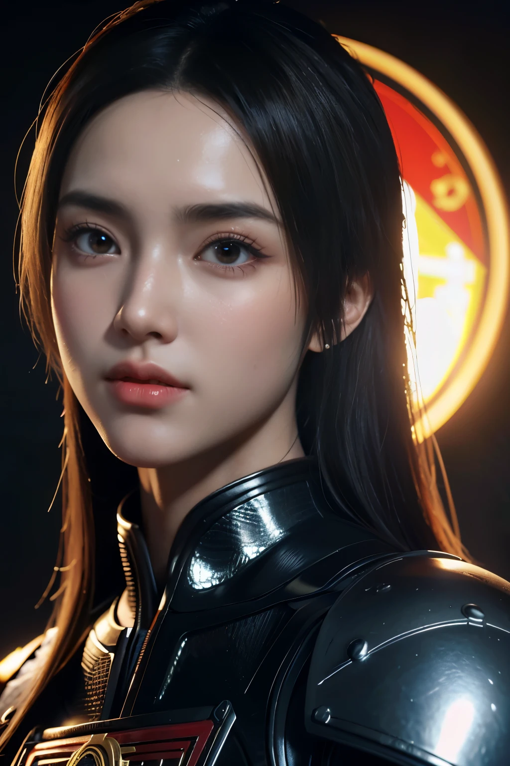 Game art，The best picture quality，Highest resolution，8K，((A bust photograph))，((Portrait))，((Head close-up:1.5))，(Rule of thirds)，Unreal Engine 5 rendering works， (The Girl of the Future)，(Female Warrior)， 22岁少女，(Female hackers)，(Ancient Oriental hairstyle)，((The pupils of the red eyes:1.3))，(A beautiful eye full of detail)，(Big breasts)，(Eye shadow)，优雅迷人，冷漠，((Anger))，(Future style silk combat suit combined with the characteristics of Chinese cheongsam，Joint Armor，There are exquisite Chinese patterns on the clothes，A flash of jewellery)，赛博朋克人物，未来风格， 拍照姿势，城市背景，Movie lights，Ray tracing，Game CG，((3D Unreal Engine))，oc渲染反射纹