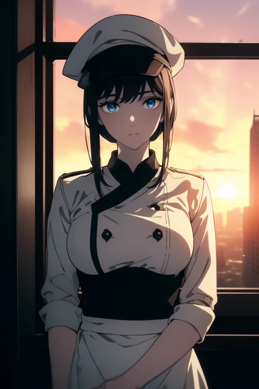 (((chef-d'artwork, The best quality, ultra high resolution))), 1fille, debout, uniforme scolaire, chemise de bureau blanche, Black pleated skirt, ((light brown hair:0.7)), coupe de cheveux longs, pale skin, ((blue yeux)), glowing_yeux, neon yeux, (((ultra detailed yeux, beautiful and detailed face, detailed yeux))), ((center)), sourire, ((Plan large)), face au spectateur, niveau des yeux, (blurry Background, sunset Background, above building view), poitrine plate, Regarder la visionneuse, ((half closed yeux)), ((des mains parfaites)), (((cap, bras, les hanches, coudes, en vue))), ((hands behind the back)), empty yeux, beautiful lighting, dehors, en plein air, Shooting Star:0.7, Background, subject defined, (Lighting D'Summer), 25 ans