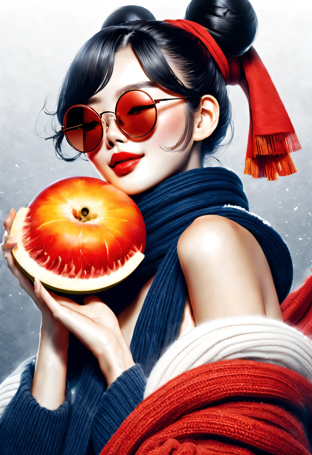 (Modern art fashion character design), Very unified CG, (Half-length close-up), Snowy background,
(A beautiful Chinese girl holds a big fruit basket and smiles gently), (A wide and large red woolen scarf covered half of her face: 1.0), (Wearing large sunglasses,Comb your hair in a bun: 1.2), Harmonious combination of classic and modern, (Dark blue sweater), Girl fair and flawless smooth skin, high nose bridge, Look up, sad yet beautiful, slender figure, Exquisite facial features, swirling fog illustration, ink painting, black hair, meatball, Proud, Surrealism, contemporary art photography, action painting illustration, abstract expressionism, Pixar, depth of field, motion blur, backlight, radiation, decline, Head up angle, Sony FE General Manager, ultra high definition, masterpiece, accurate, textured skin, Super details, high detail, high quality, Award-winning, best quality, Level, 16k, Photographed from a bottom-up perspective, interesting,