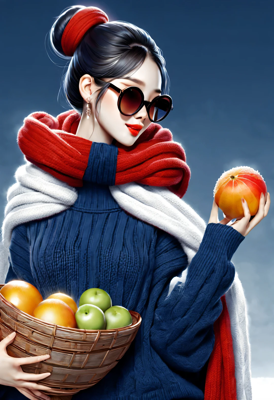 (Modern art fashion character design), Very unified CG, (Half-length close-up), Snowy background,
(A beautiful Chinese girl holds a big fruit basket and smiles gently), (An exaggerated red wide woolen scarf covered half of her face: 1.1), (Wearing large sunglasses，Comb your hair in a bun: 1.2), Harmonious combination of classic and modern, (Dark blue sweater), Girl fair and flawless smooth skin, high nose bridge, Raised pose, sad yet beautiful, slender figure, Exquisite facial features, swirling fog illustration, ink painting, black hair, meatball, Proud, Surrealism, contemporary art photography, action painting illustration, abstract expressionism, Pixar, depth of field, motion blur, backlight, radiation, decline, Head up angle, Sony FE General Manager, ultra high definition, masterpiece, accurate, textured skin, Super details, high detail, high quality, Award-winning, best quality, Level, 16k, Photographed from a bottom-up perspective, interesting,