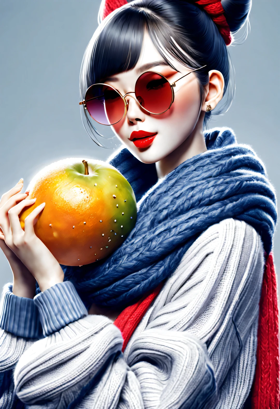 (Modern art fashion character design), Very unified CG, (Half-length close-up), Snowy background,
(A beautiful Chinese girl holds a big fruit basket and smiles gently), (An exaggerated red wide woolen scarf covered half of her face: 1.1), (Wearing large sunglasses，Comb your hair in a bun: 1.2), Harmonious combination of classic and modern, (Dark blue sweater), Girl fair and flawless smooth skin, high nose bridge, Raised pose, sad yet beautiful, slender figure, Exquisite facial features, swirling fog illustration, ink painting, black hair, meatball, Proud, Surrealism, contemporary art photography, action painting illustration, abstract expressionism, Pixar, depth of field, motion blur, backlight, radiation, decline, Head up angle, Sony FE General Manager, ultra high definition, masterpiece, accurate, textured skin, Super details, high detail, high quality, Award-winning, best quality, Level, 16k, Photographed from a bottom-up perspective, interesting,