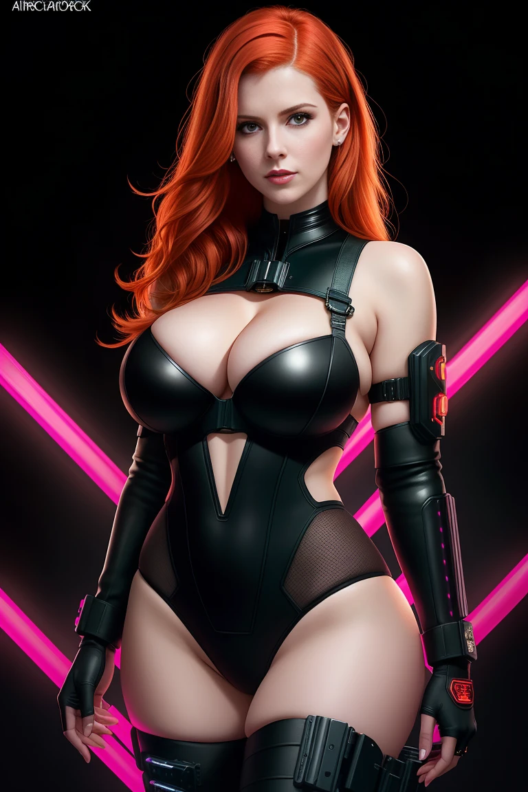 there is Sarah Rafferty standing, bright red ginger hair, 3 d neon art of a woman's tall amazon body, neon-noir background, cyberpunk femme fatale, seductive cyberpunk dark fantasy, cyberpunk strip clubs, cyberpunk 28 y. o model girl, oppai cyberpunk, banner, high definition cgsociety, cgsociety masterpiece, trending on cgstation, kda, random hair, looking at camera, gigantic breasts, cleavage, (high detailed skin:1.2), 8k uhd, dslr, super lighting, high quality, film grain, high res, highly detailed, hyper realistic, beautiful face, beautiful body, beautiful eyes nose lips, alluring expression, very bold, upper boobs visible, full body photo, standing legs apart, pale translucent glowing skin, most beautiful face, cute, (well defined pubic hair:1.2)), (dark plain black background:1.4))