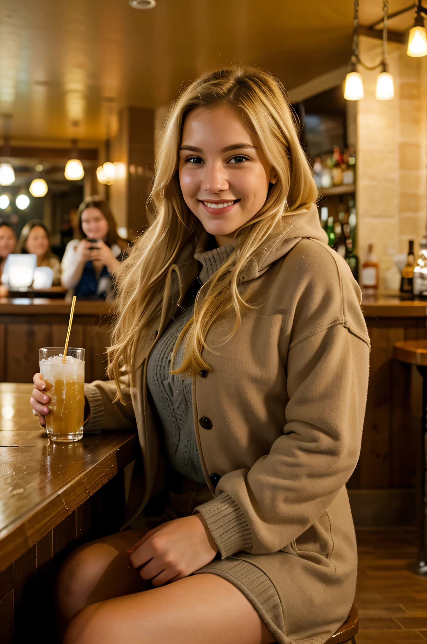 a photorealistic photo of a beautiful girl, blondes Haar, in einer Bar sitzen, wearing a Winter outfit, hyperrealistisch, Winter, detaillierte Haut, braune Augen, smiling, Pretty, Selfie, dynamische Pose
