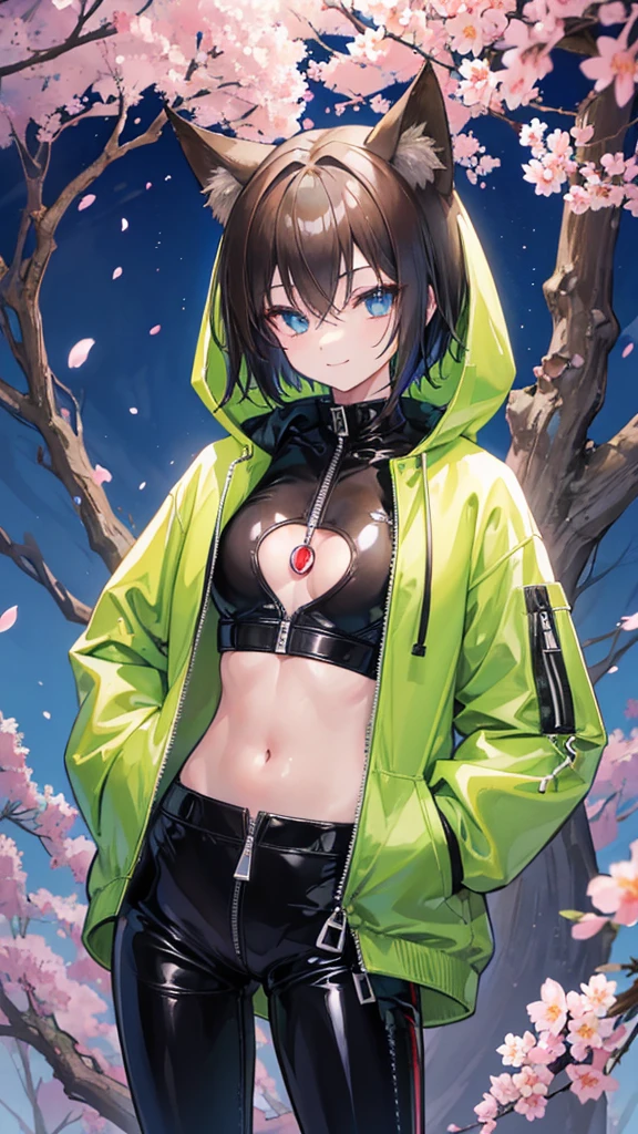 masterpiece,highest quality,fox boyish girl,He is wearing a large oversized hoodie and has his hands in his pockets.,wearing long black tights,latex pants with zipper zipper is open,very clear light blue eyes,short hair,Moe sleeves,The image color is matcha brown,smiling face,slightly flat chest,Cherry blossoms at night,I can see your stomach