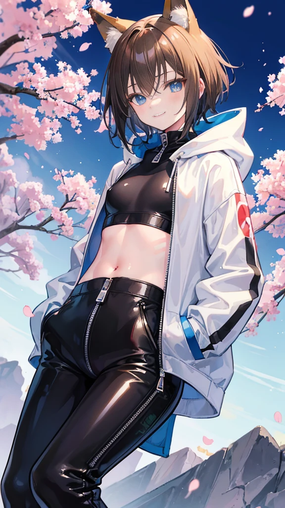 masterpiece,highest quality,fox boyish girl,He is wearing a large oversized hoodie and has his hands in his pockets.,wearing long black tights,latex pants with zipper zipper is open,very clear light blue eyes,short hair,Moe sleeves,The image color is matcha brown,smiling face,slightly flat chest,Cherry blossoms at night,I can see your stomach
