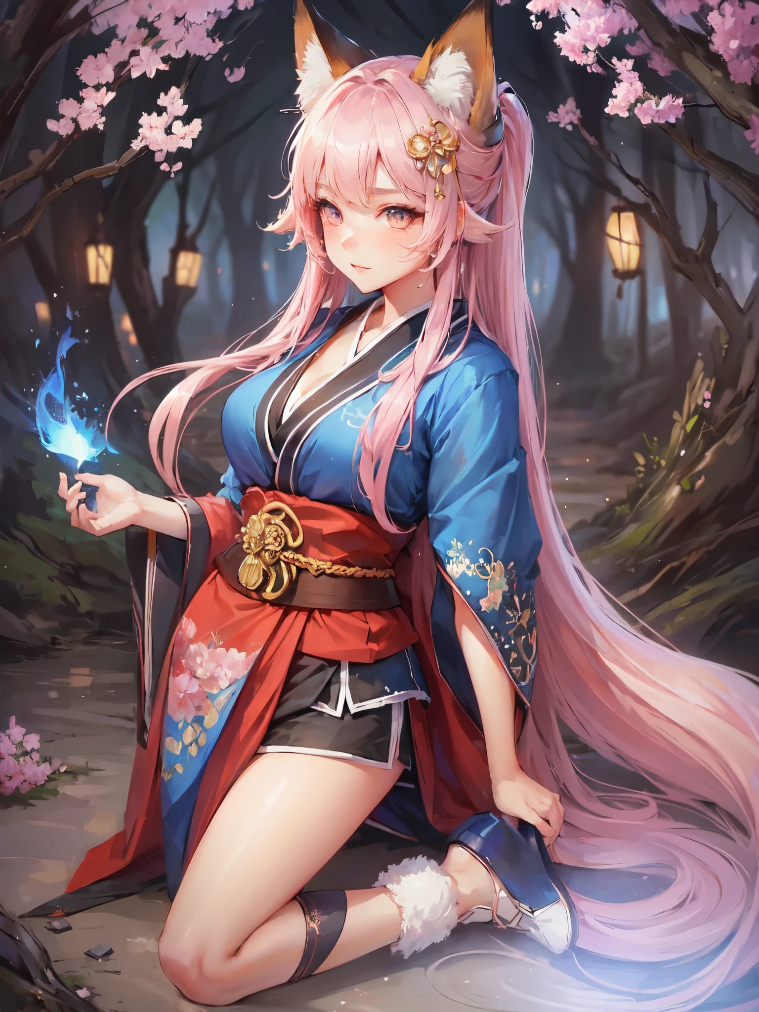 high quality,hd,16k,sharp line,1girl,fox ,kimono,cute face, large breasts, nice legs, sweat,focus girl,detailed beautiful face,detailed clothes,beautiful eyes,pretty,dynamic angle