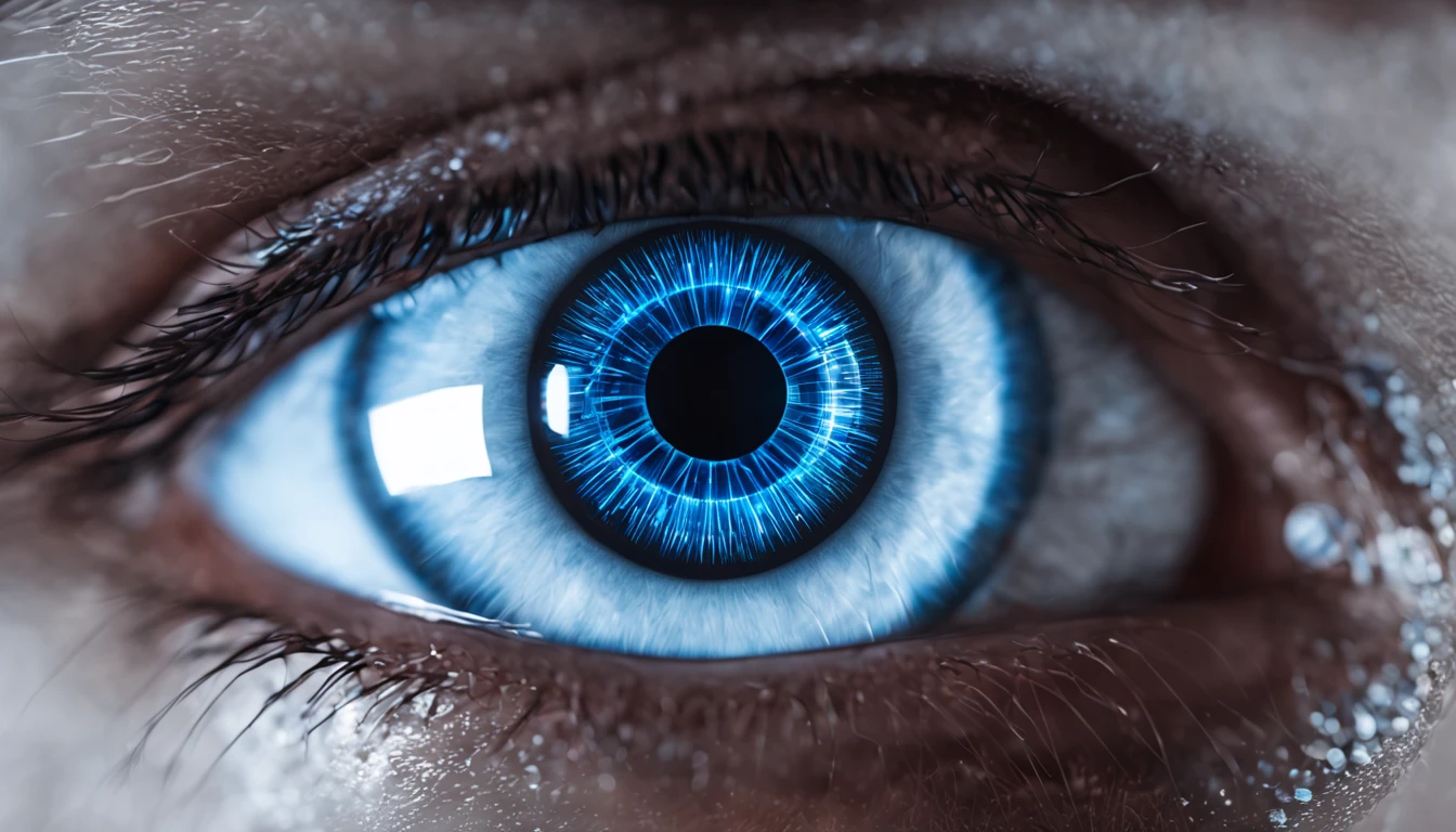 there is a close up of a camera lens with a blue eye, glowing white mechanical eye, robotic eye, cybernetic eyes implants, cyborg eyes, robot eye, eye cyberpunk bionics, robotic eyes, cybernetic eye, open robotic eyes, pale blue glowing cybernetic eye, human with one robot eye, robot eyes, blue cyborg eyes