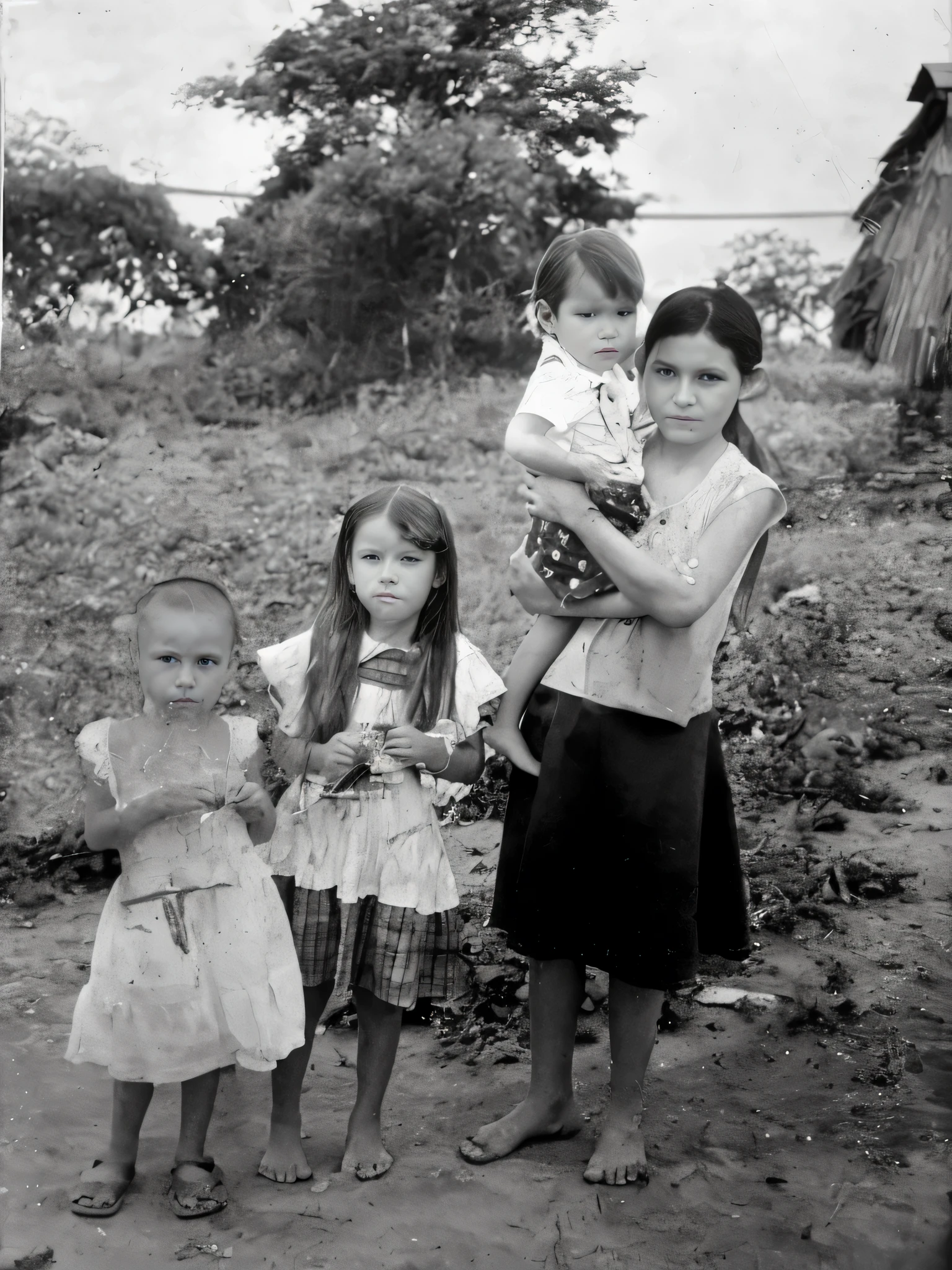 There are three children standing in a dirt field with a .., foto restaurada, por Albert Nemethy, Teniente Maurice Gottlieb, por Albert Welti, negativo de vidrio, De la posguerra, Rare photography, por Robert Jacobsen, mary ellen marca, Hermanos, Location unknown, Foto de archivo, Wet collodion, photographed on damaged film, foto historica