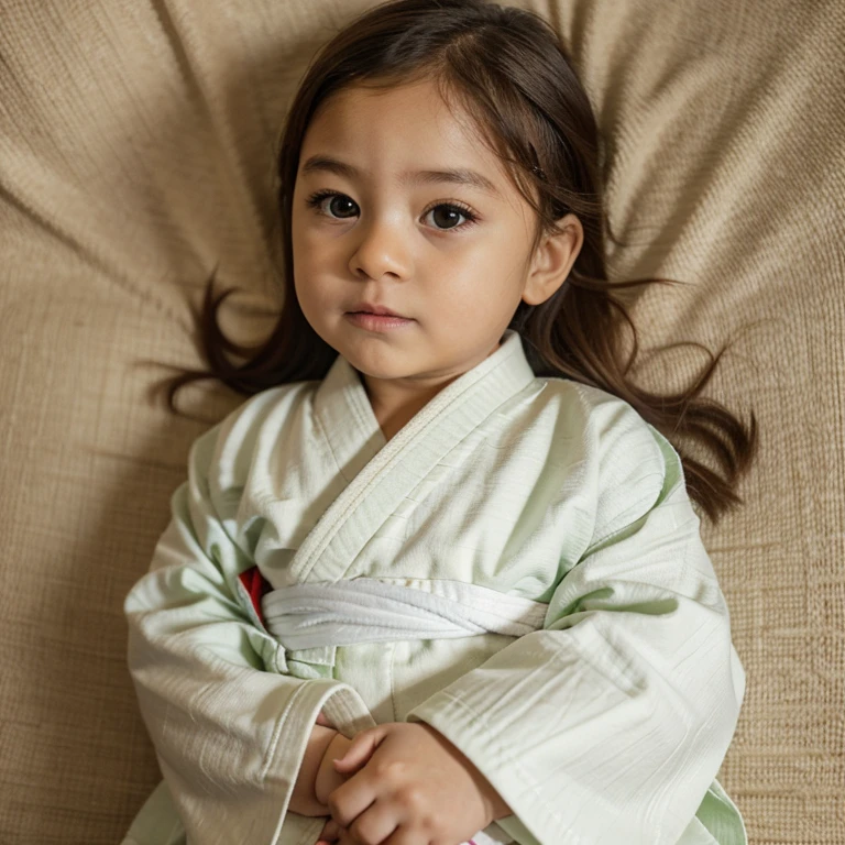 A 5  girl, pele clara, cabelo castanho escuro, olhos verdes. Wearing a white judo fighter&#39;s kimono.