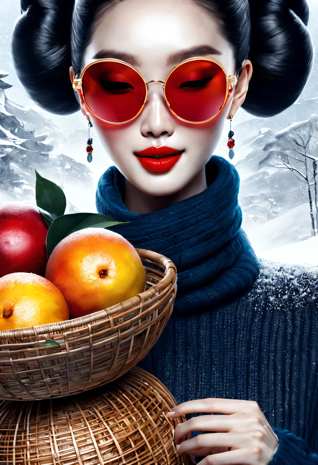 (Modern art fashion character design), Very unified CG, (Half-length close-up), Snowy background,
(A beautiful Chinese girl holds a big fruit basket and smiles gently), (An exaggerated red wide woolen scarf covered half of her face: 1.1), (Wearing large sunglasses，Comb your hair in a bun: 1.2), Harmonious combination of classic and modern, (Dark blue sweater), Girl fair and flawless smooth skin, high nose bridge, Raised pose, sad yet beautiful, slender figure, Exquisite facial features, swirling fog illustration, ink painting, black hair, meatball, Proud, Surrealism, contemporary art photography, action painting illustration, abstract expressionism, Pixar, depth of field, motion blur, backlight, radiation, decline, Head up angle, Sony FE General Manager, ultra high definition, masterpiece, accurate, textured skin, Super details, high detail, high quality, Award-winning, best quality, Level, 16k, Photographed from a bottom-up perspective, interesting,