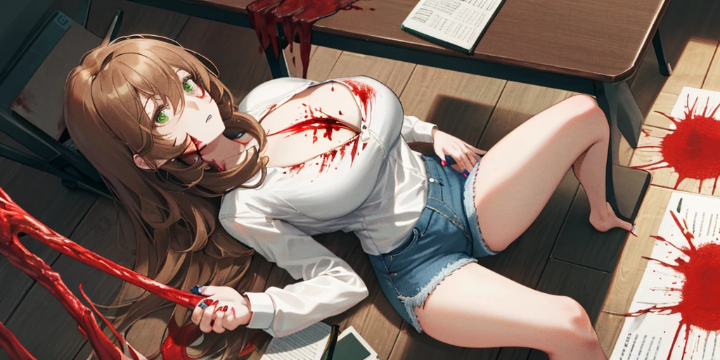 (Lying on the ground:1.2), Lisa, genshin impact, 1 girl, alone, ((white shirt)), barefoot, big breasts, cleavage, uniform, office background, ((Killed)), ((From above)), (cinematic lighting), (Put your arms on the ground), (Bloody ground), dutch angle, ((blood on the ground)), ((Bloody Body)), ((rape face)), (((horror))), tight denim shorts, office, hair between eyes, messy hair, large chest, long hair, brown hair, red short nails, green eyes, alone, ((Thin knees, thick thighs)), very long hair, ((masterpiece)), classroom, board, class board, Slender, mature woman