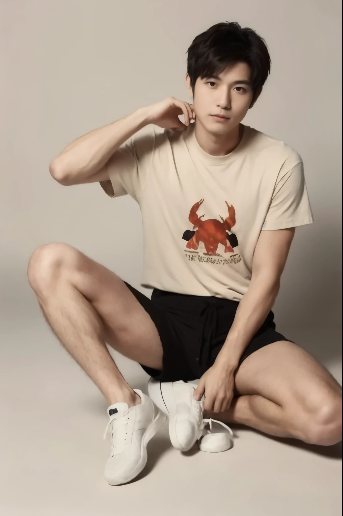 Crab crotch pose, Are standing, Keep your hands on your knees, ((hairy legs)), (super sharp focus), (whole body), toned legs, two block, messy shortt hair, long legs, Japan Male, 27 years old, wearing beige shorts, wearing a t-shirt, very short hair, black hair