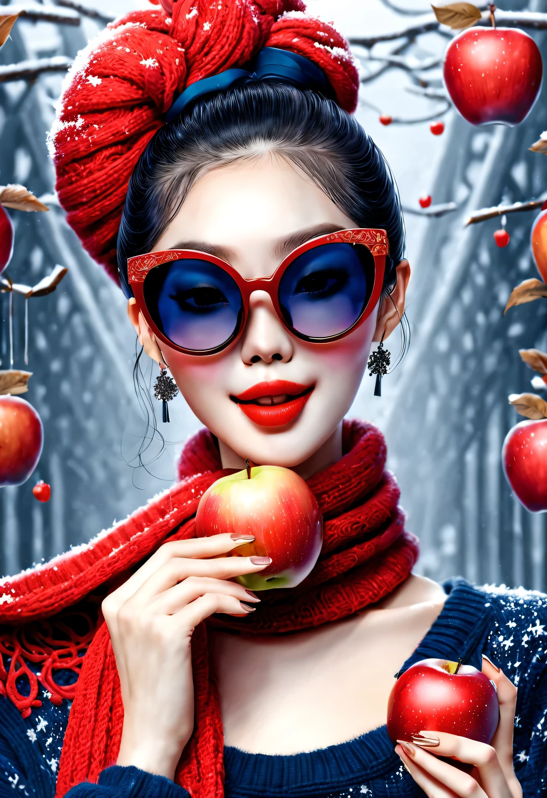 (Modern art fashion character design), Very unified CG, (Half-length close-up), Snowy background,
(A beautiful Chinese girl smiles gently，Hands holding many red apples), (An exaggerated red wide woolen scarf covered half of her face: 1.1), (Wearing large sunglasses，Comb your hair in a bun: 1.2), Harmonious combination of classic and modern, (Dark blue sweater), Girl fair and flawless smooth skin, high nose bridge, Head up posture, sad yet beautiful, slender figure, Exquisite facial features, swirling fog illustration, ink painting, black hair, meatball, Proud, Surrealism, contemporary art photography, action painting illustration, abstract expressionism, Pixar, depth of field, motion blur, backlight, radiation, decline, Head up angle, Sony FE General Manager, ultra high definition, masterpiece, accurate, textured skin, Super details, high detail, high quality, Award-winning, best quality, Level, 16k, Photographed from a bottom-up perspective, interesting,