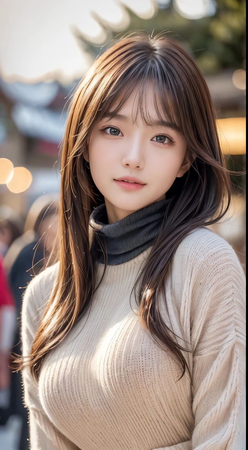 (8K,masterpiece, RAW photo,highest quality:1.4),(photo-realistic:1.2),(extremely detailed face),(shiny skin),(fine skin),(detailed face),(very beautiful face),1 girl,looking at the viewer,japanese idol(actress), brown hair,medium hair,straight hair,asymmetrical bangs,smile,Glamour,big breasts, (Fleece jacket, turtleneck sweater, pleated skirt:1.2), Christmas Market,High position,professional lighting