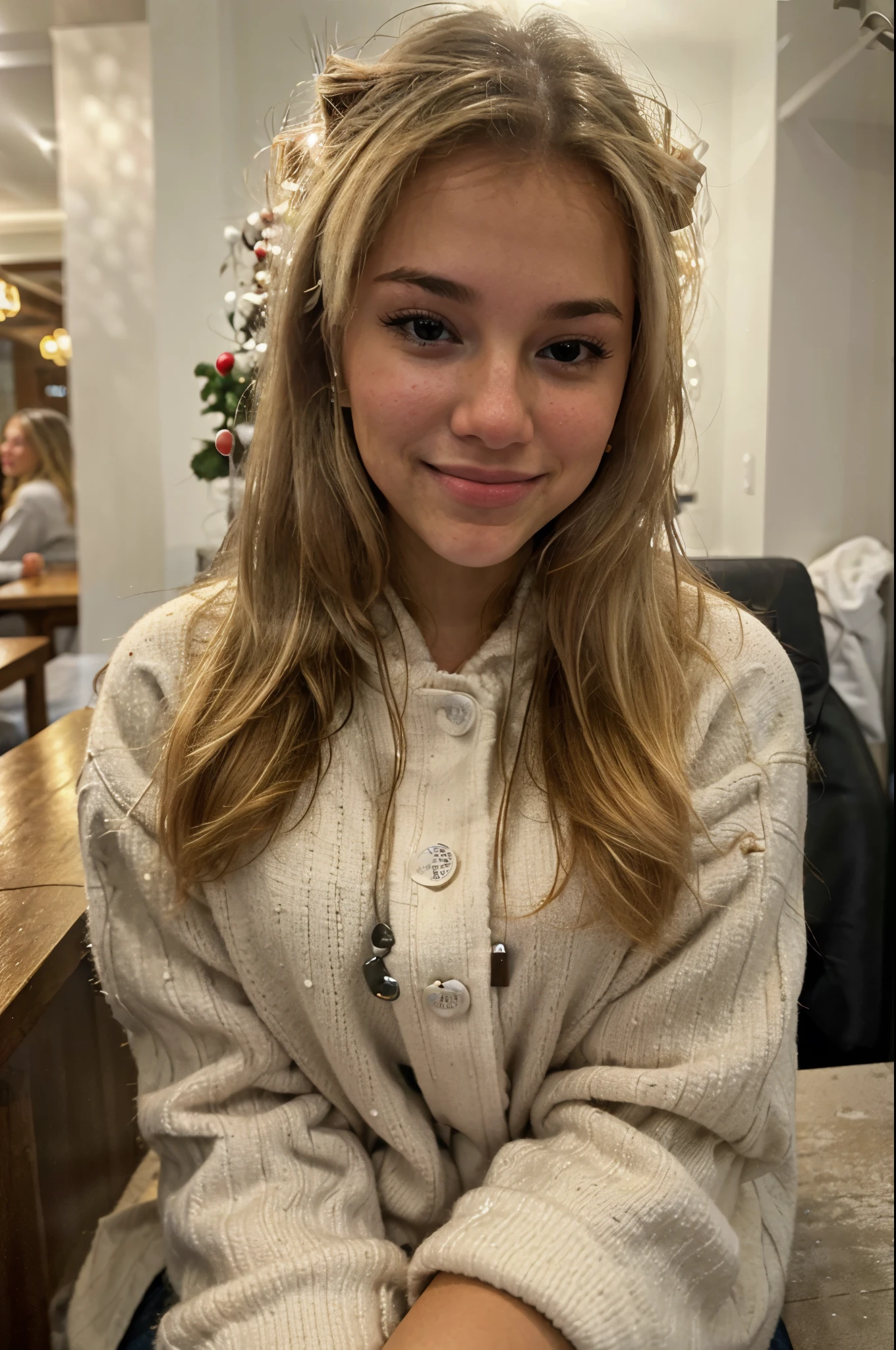 a photorealistic photo of a beautiful girl, looking out the window, blonde hair, sitting at a bar, wearing a winter outfit, hyperrealistic, winter, detailed skin, brown eyes, smiling, pretty, selfie, dynamic pose