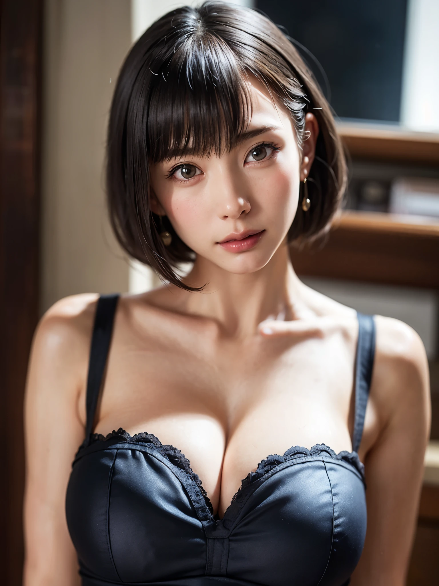 1 girl、highest quality、realistic、alone、Depth of written boundary、natural soft light、daytime、troublesome、beautiful face、cleanliness、pure face、white skin、cute、short hair、bang、Light of the sun、Nedium Breast Body Esbian、((セーター黄金比のbeautiful face 対称性のあるbeautiful face))、long neck、Show off your earrings with a nice short bob hairstyle、Please close your mouth and smile:1.7、perfect hands指、perfect hands、perfect body、perfect face、shine a light on the eyes、perfect anatomy:1.4、とてもcuteスーパーモデル:1.4、({Huge|big breasts|Hugeな|mega} overall small breasts:1.4, have cleavage:1.4)