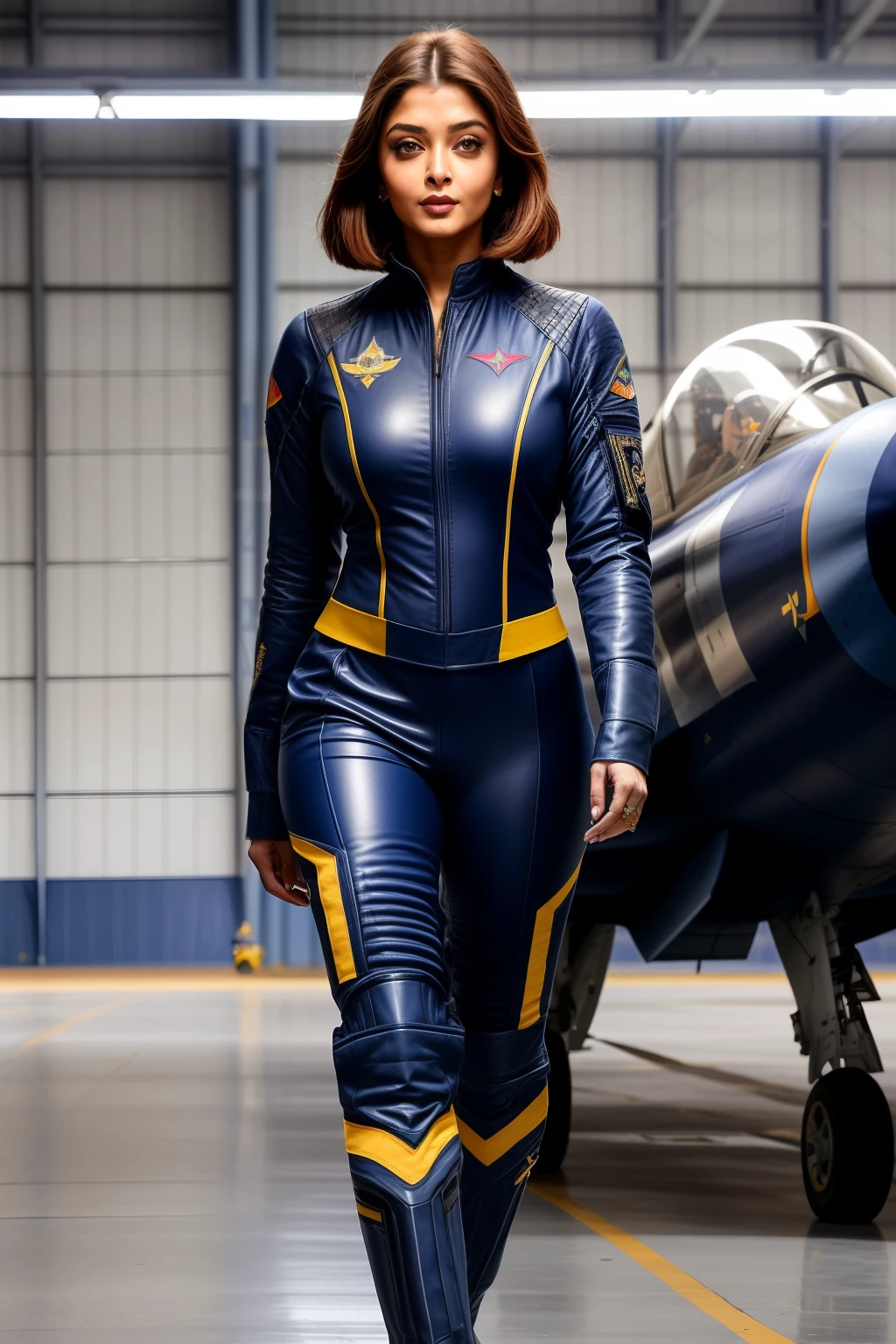 Aishwarya rai as fighter pilot, ((navy blue fighter pilot uniform)), high boots, posing in catwalk in hanger, day scene, curvaceous mature hourglass figure, massives boobs, look straight at camera, ((bob cut hair)), sexy 50 yo MILF, soft volumetric lights, intricate details, (ArtStation:1.2)