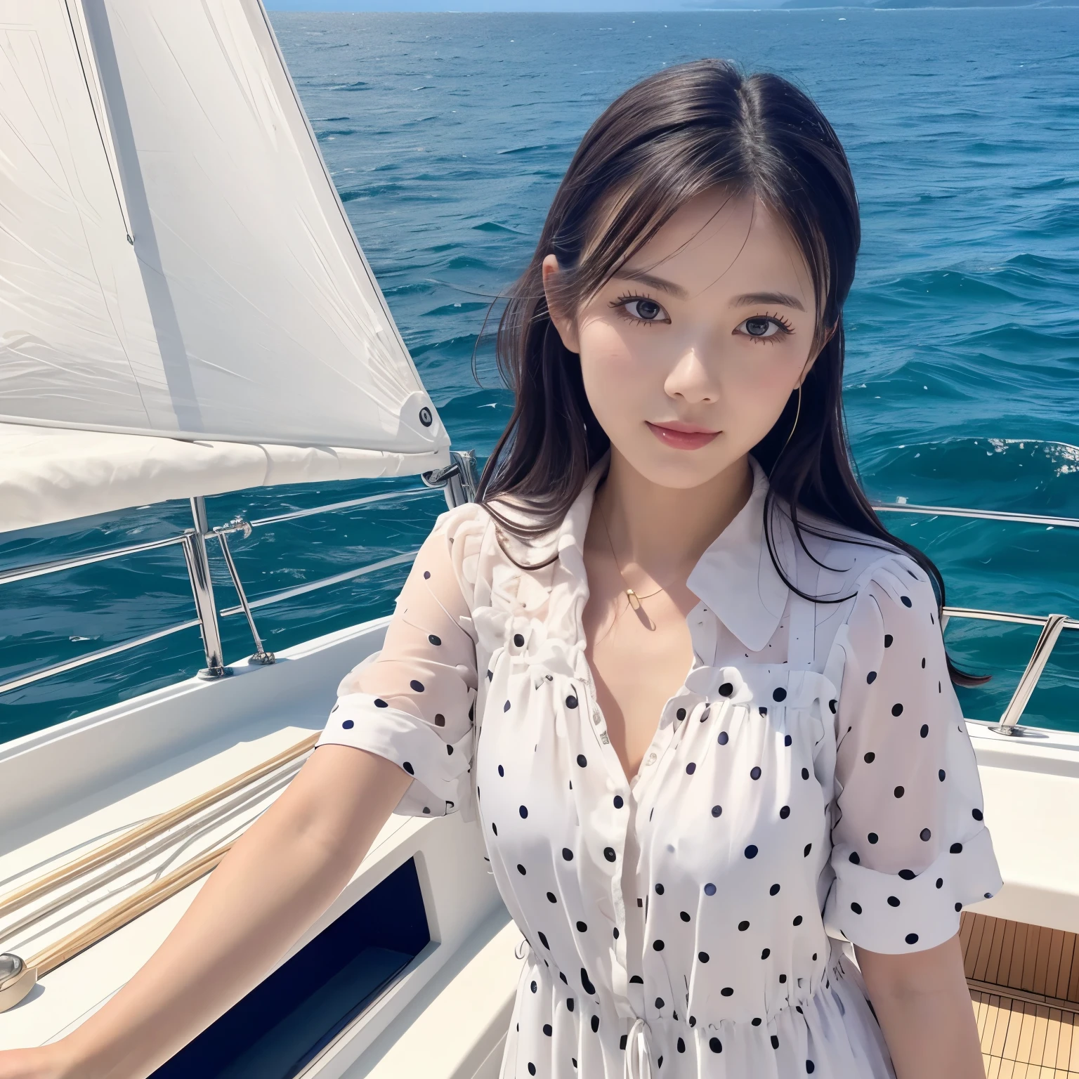 Highest image quality,highest quality,best quality,masterpiece,4k,8k,japanese girl,Ship sailing, On a yacht, Beautiful background,Stylish polka dot tunic fashion,The background is a beautiful sea,