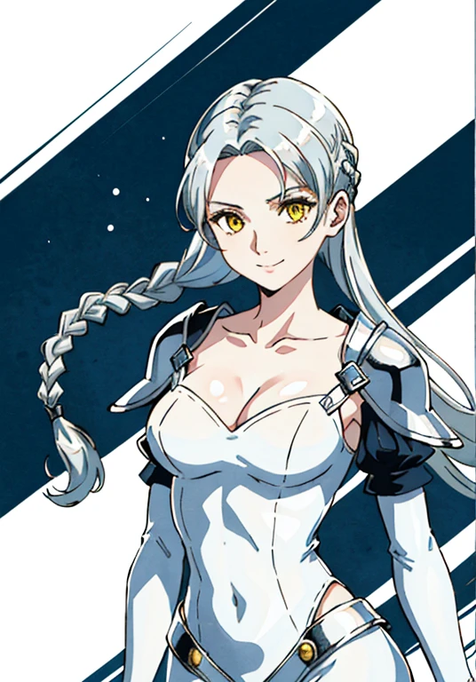 claymore (series),ophelia(claymore),1girl,Solo,fantasy,pale white skin,silver hair,show the forehead ,slicked back hair,hair pulled back,single braid,very long and large braid,yellow eyes,white bodysuit,white gloves,collarbone,silver pauldrons,evil smile