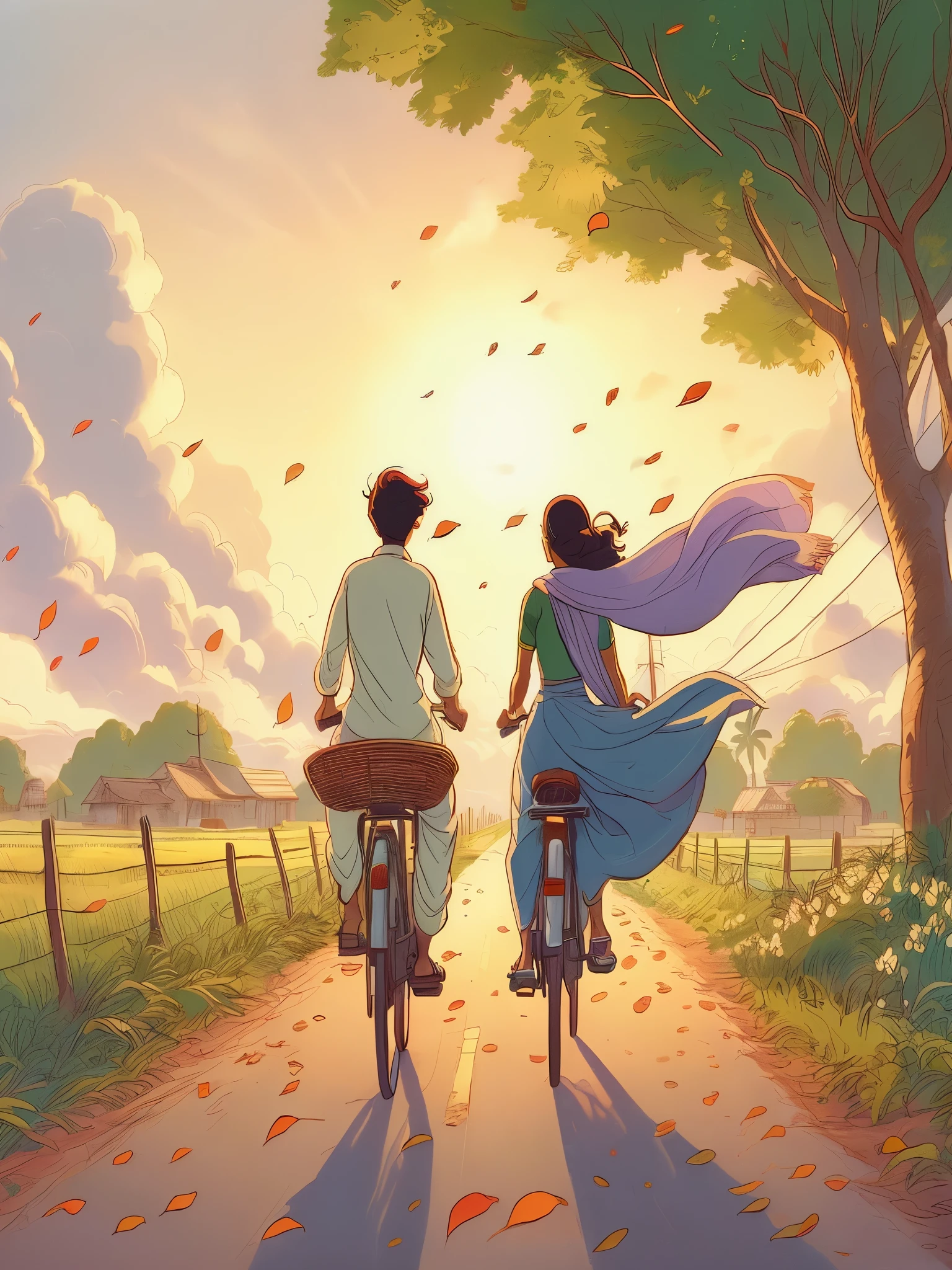 Draw a tintin style anime simple art of indian couple on bicycle, saree, petals in air, windy, happy, path through indian village on lonely road, trees, shade, sunset, clouds, beautiful sky, beautiful color palette,