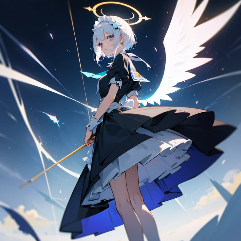 first place girl,white hair,blue pupils,There is always a halo above the head,There is a pair of wings on the back。Wearing a blue and white skirt。wearing high heels on feet。two-dimensional,straight hair,maid outfit,High-definition facial expressions that are gentle and expressive。The illustration on the back shows a night with a meteor shower passing by。