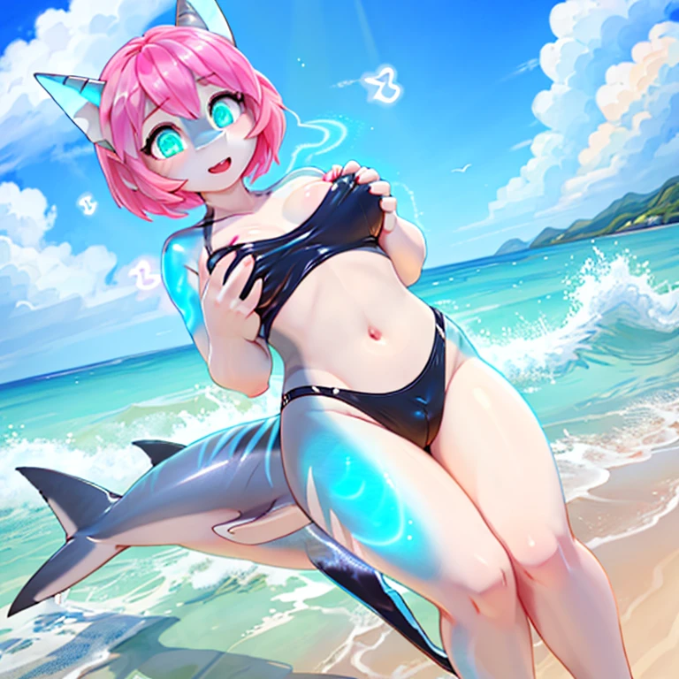 Short shocked shark with white skin with long Pink hairs with Blue Highlights and glowing Green eyes wearing Black swimsuit looking at her hand while other hand  on her breast there are some traces of magic floating around her she is in a beach