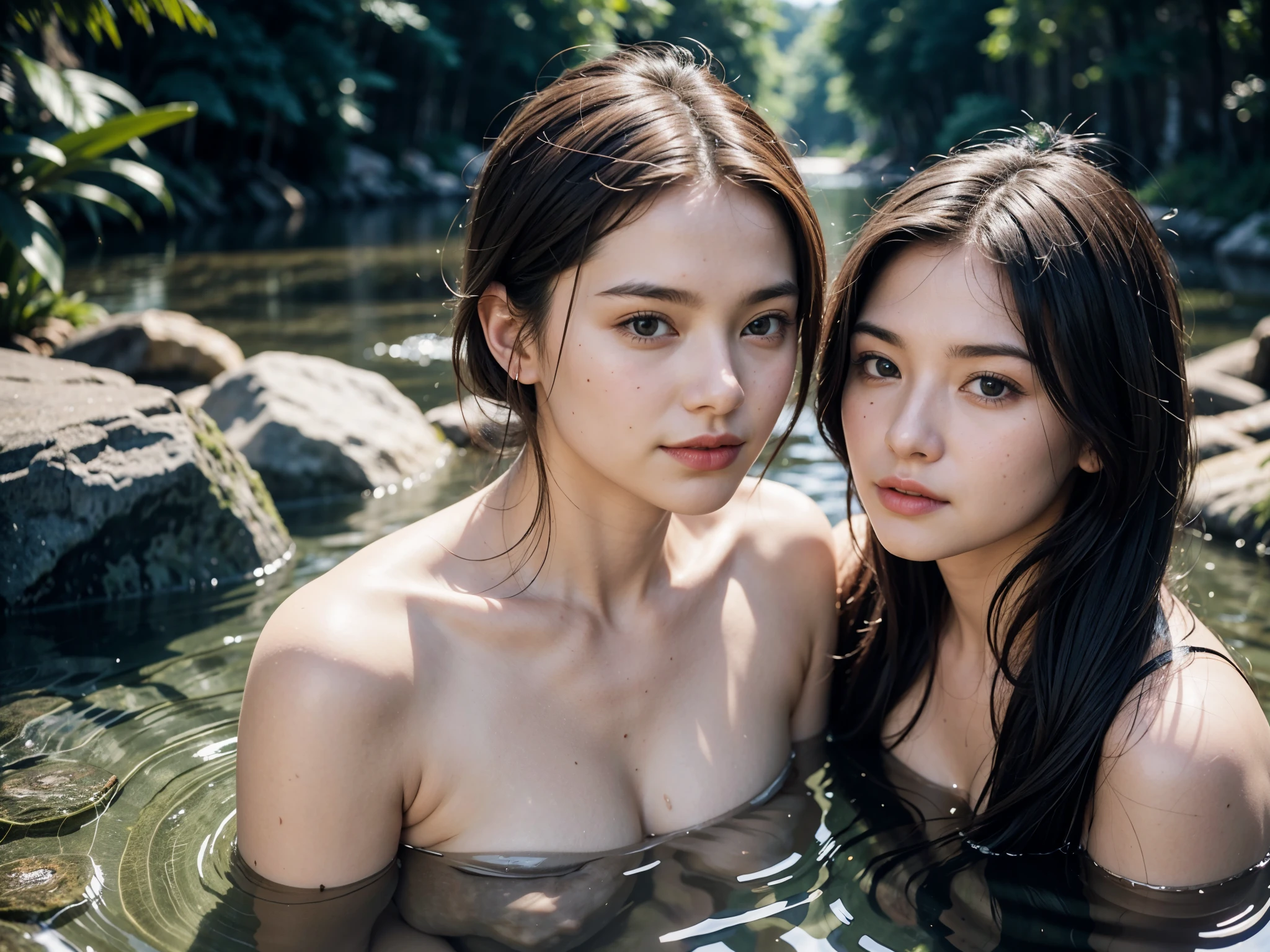 Close-up portrait of 2 cute women bathing in river,looking at each other&#39;s chest，face to face，One of the people put his hand on the other person&#39;s chest， already, (backlight), actual, masterpiece, best quality, lens flare, shadow, bloom, [[Color difference]], author：Jeremy Lipkin, by Antonio J. manzanedo, number,