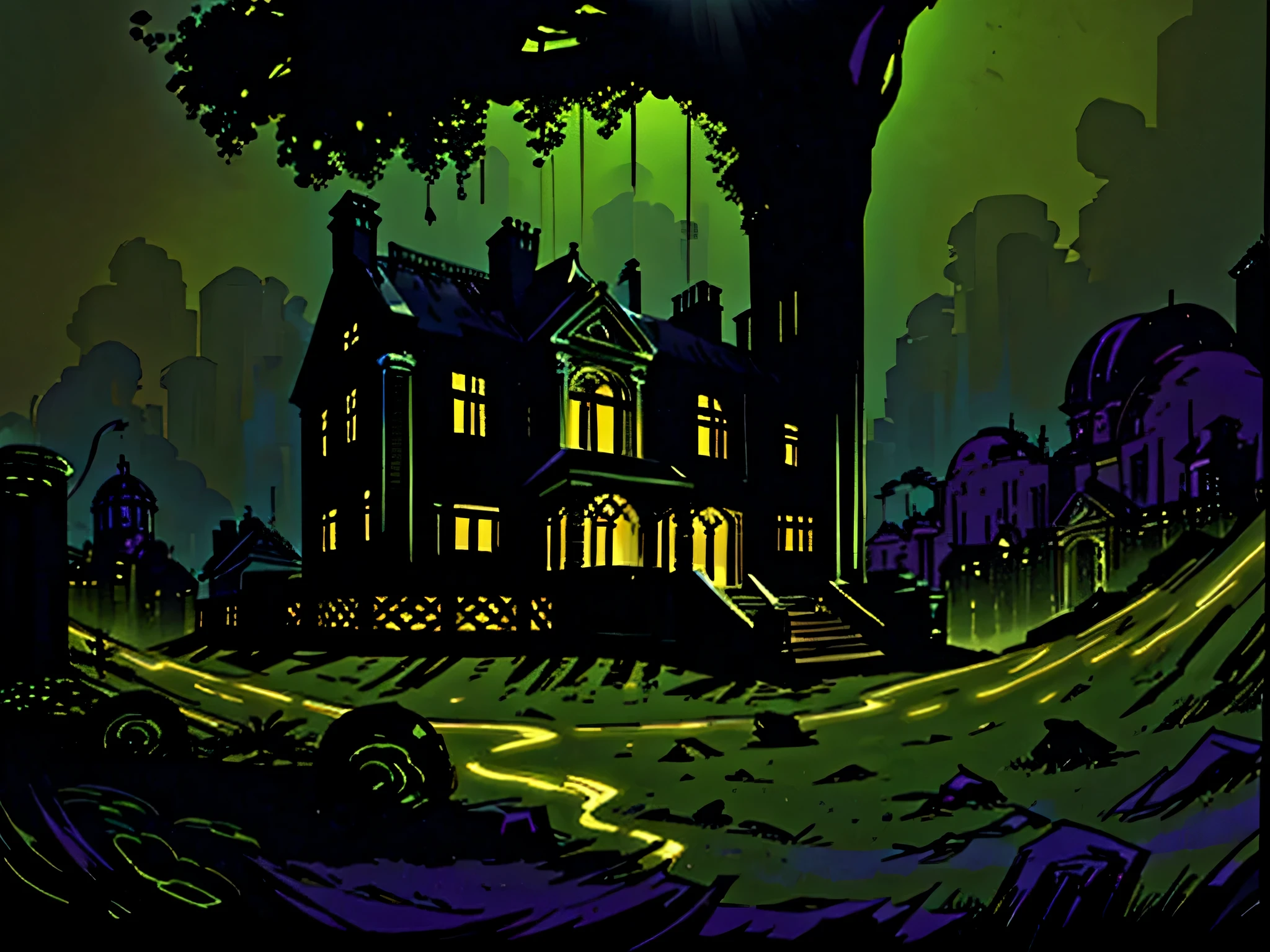 Image of an old closed and abandoned mansion situated in a remote location in the city. The mansion is shrouded in shadows, highlighting your decadent appearance. The surrounding vegetation is growing uncontrollably, indicando anos de abandono. The street is empty, and the lighting is scarce, criando uma atmosfera sombria e misteriosa. The image must convey the feeling of isolation and desolation.