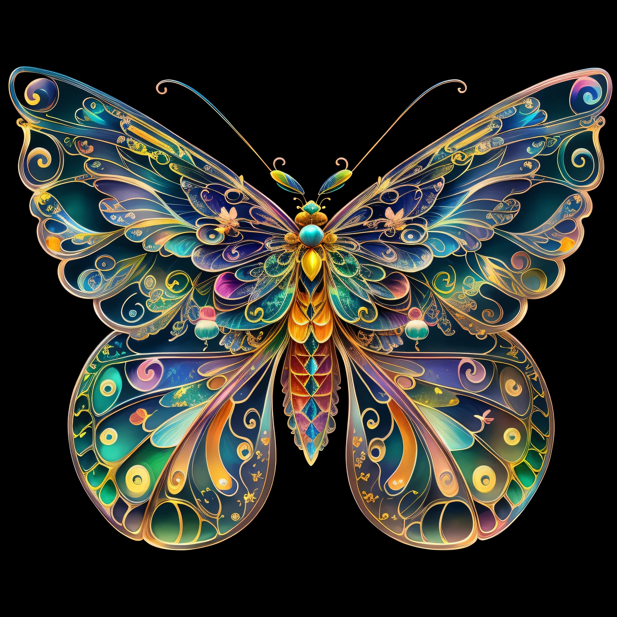 Rainbow color, flying insect, scale, wing, blue, textured, complex, gorgeous, shadow, pastel color, highly detailed, decorative style, Tim Burton, Dale Chihuli, Little Dragon Cheng, Cyril Rolando, author hour gigger, bright gold, rainbow