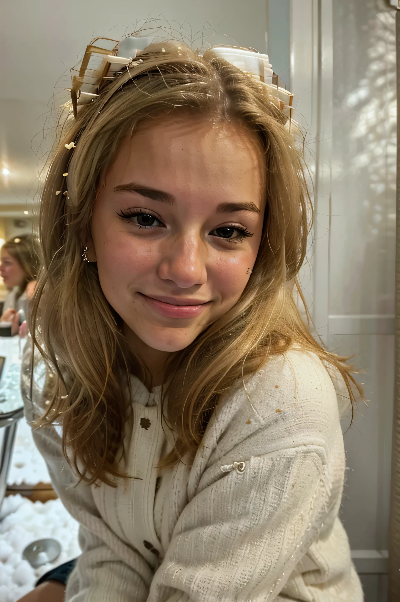 Realistic teenager girl with blonde hair her face and are all sticky covered in cum she is dressed as a student