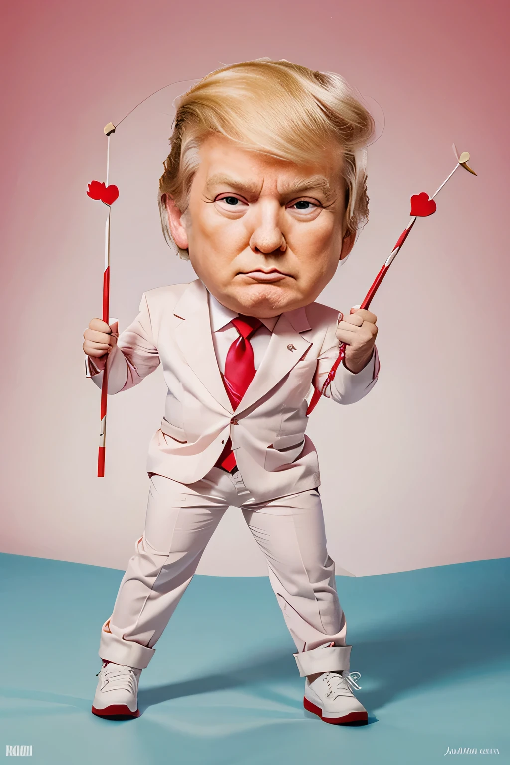 A fun cartoon-style illustration of Trump dressed as Cupid., listo para disparar flechas de amor