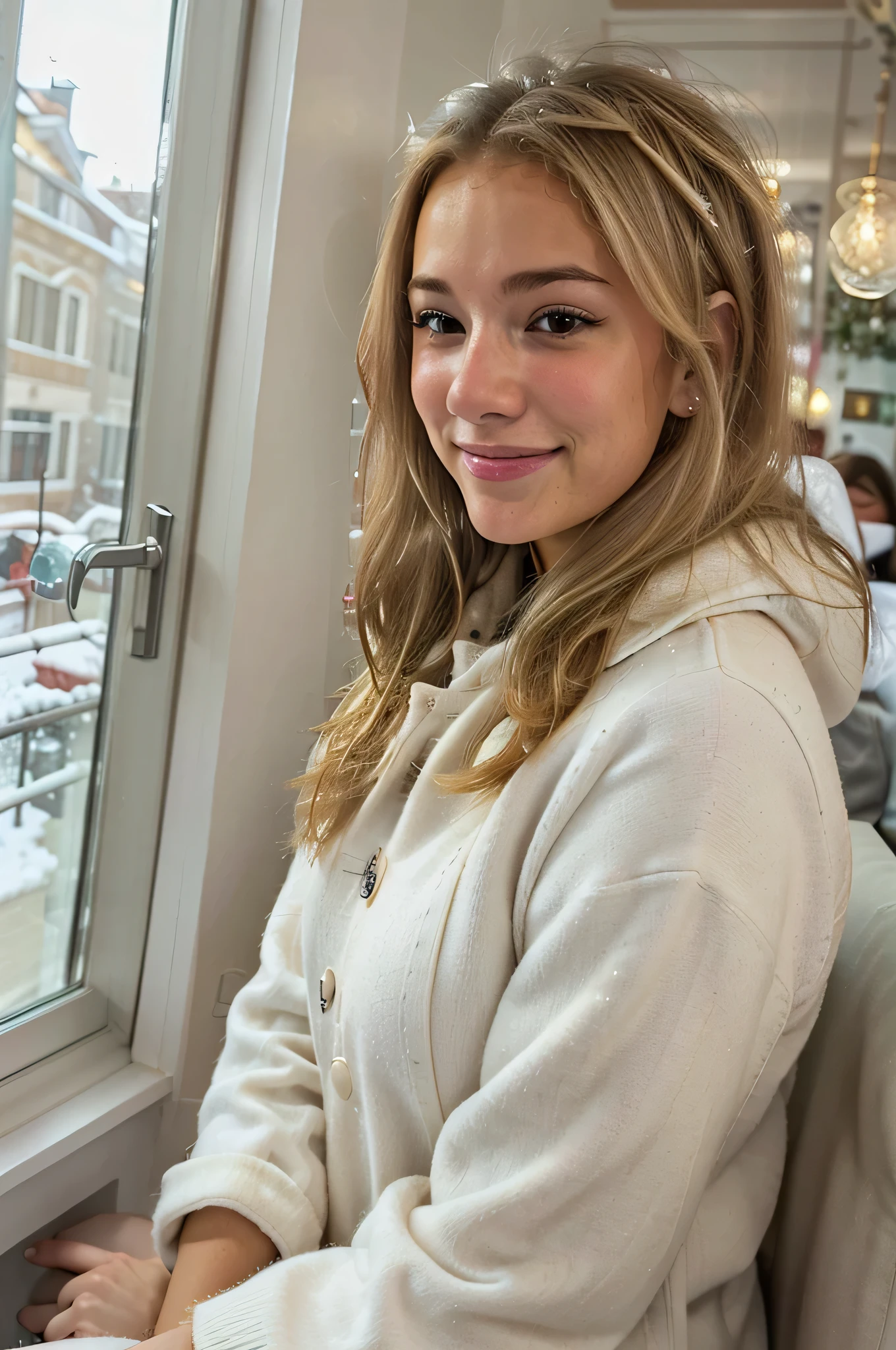a photorealistic photo of a beautiful girl, blondes Haar, sitting in a cafe, wearing a Winter outfit, hyperrealistisch, Winter, detaillierte Haut, braune Augen, smiling, Pretty, Selfie, dynamische Pose, Blick aus dem Fenster, Seitenansicht