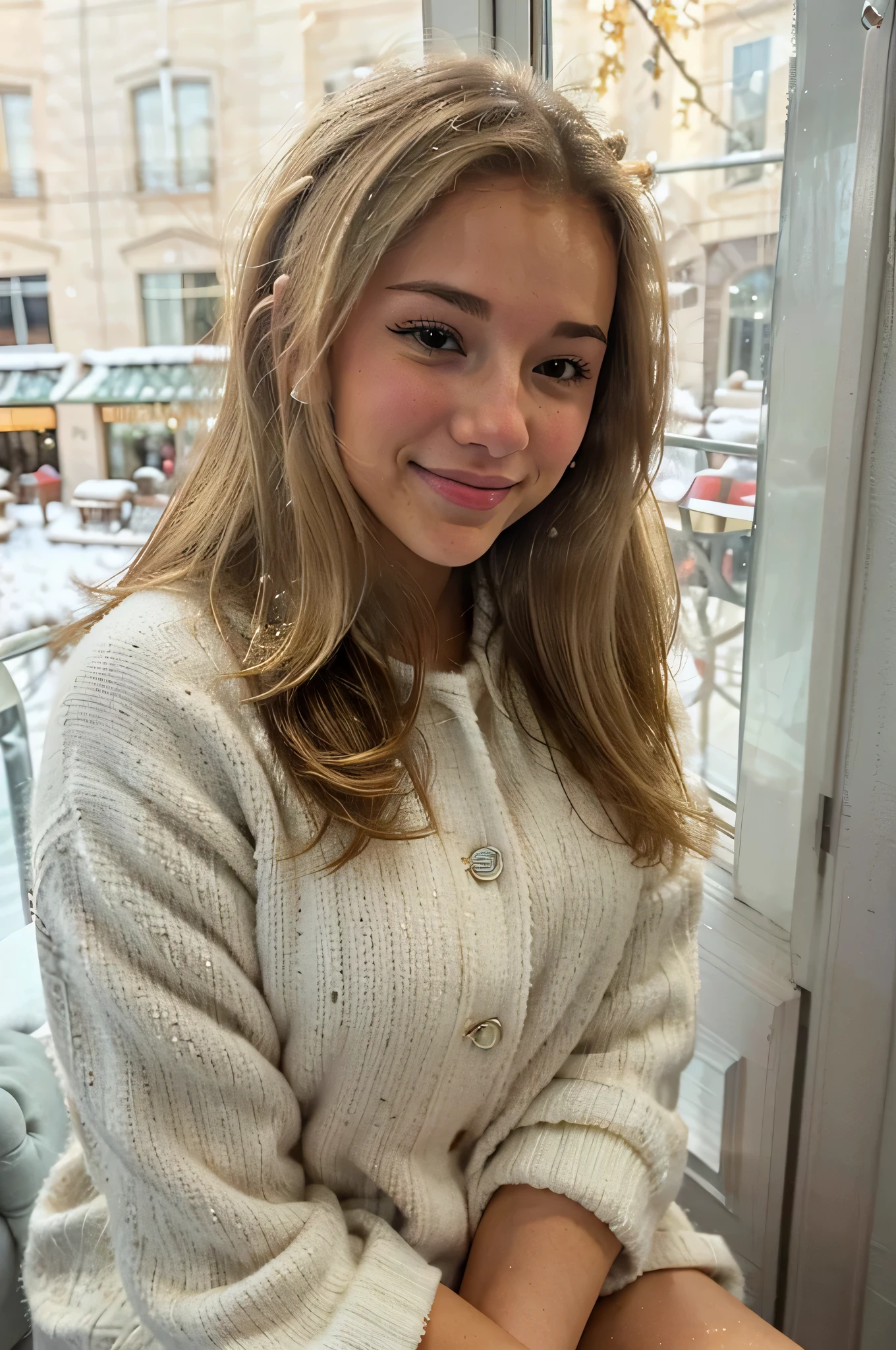 a photorealistic photo of a beautiful girl, blondes Haar, sitting in a cafe, wearing a Winter outfit, hyperrealistisch, Winter, detaillierte Haut, braune Augen, smiling, Pretty, Selfie, dynamische Pose, Blick aus dem Fenster, Seitenansicht