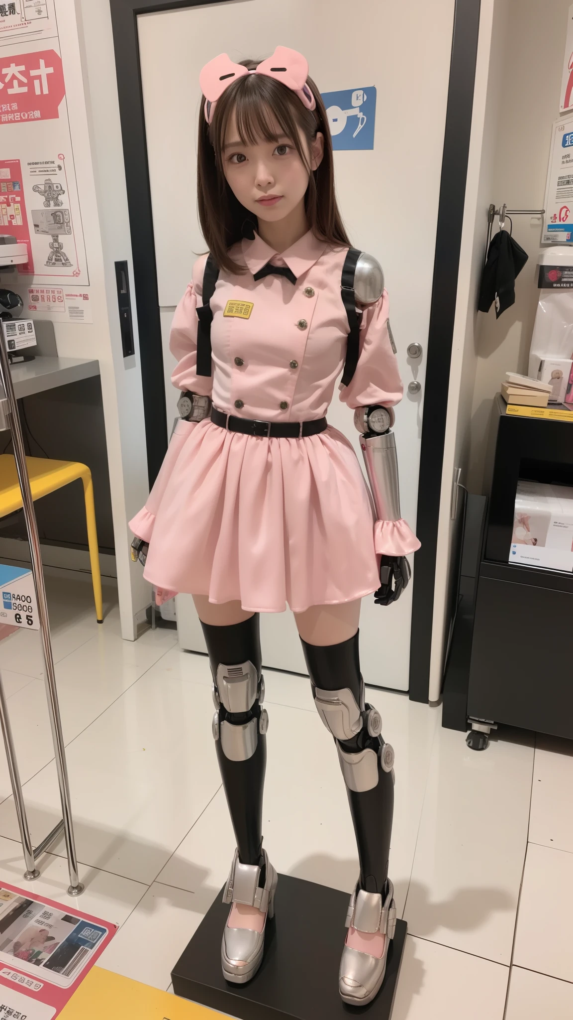 Robot Girl, pink there, Silver, Metallic body, Robot Parts, Metal Parts, Super Detailed Face, Super well-formed face, of the highest quality, a small face, a small head, Brown hair, Slender body, Camera gaze, Internal Mechanical Exposure, Idol, front facing, Well-proportioned body, sale, Exhibited, Event Hall, Moe Pose, pink metallic Lolita dress machine armor, Standing with legs open, Model body type, sad, Embarrassing,(Perfect Robot Girl),(Perfect machine body)