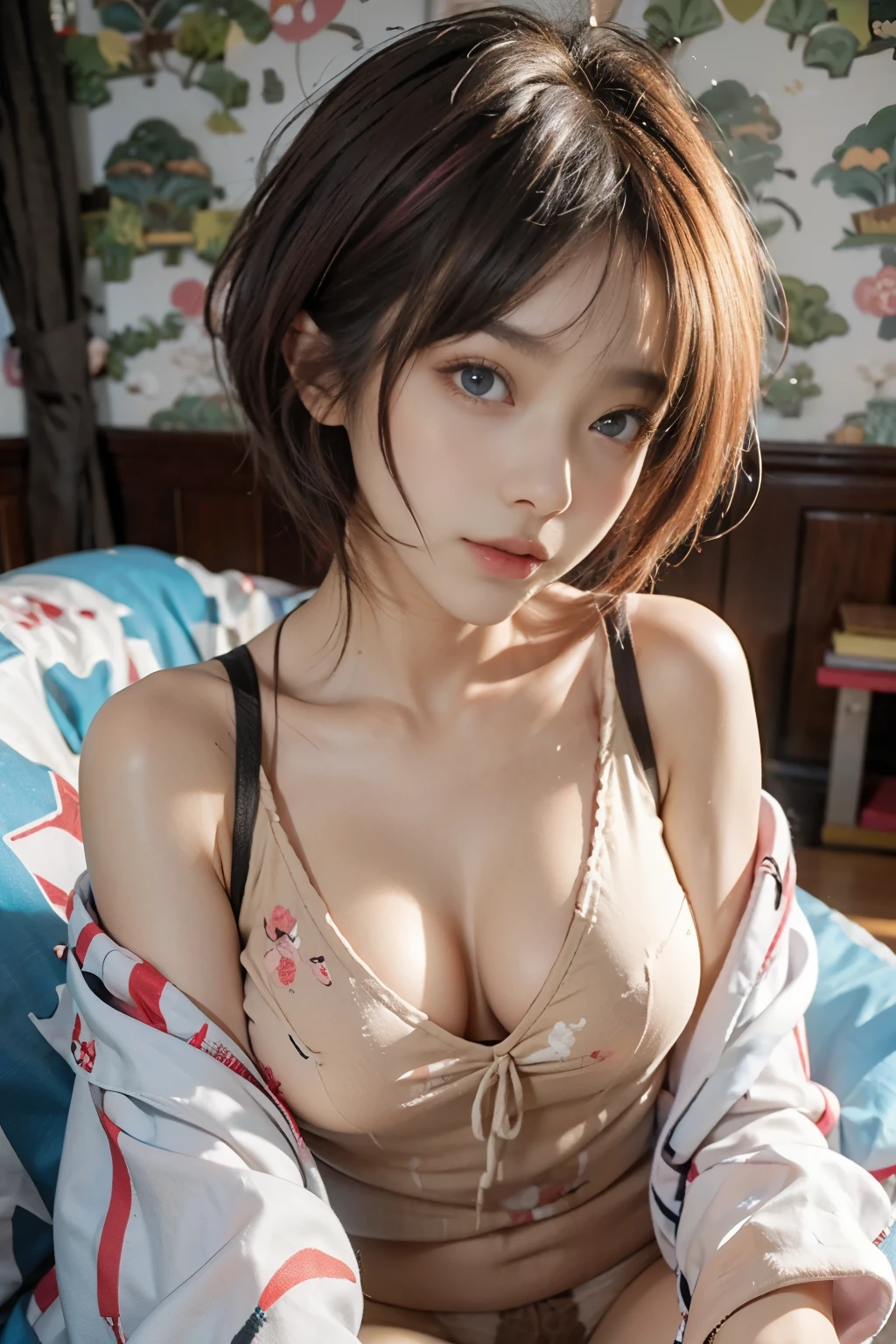 20yo woman, (masterpiece: 1.4), (8K, reality, original photo, best quality: 1.4), Japan, (1 girl), beautiful face, (Real faces: 1.4), (pink hair, short hair: 1.3), hairstyle, Realistic blue eyes, beautiful details eyes, (reality皮肤: 1.3), beautiful skin, Attractive, ultra high resolution, Super realistic, HD, golden ratio, (Detailed face: 1.4), (Japan演员: estuary), Sheer vest,粉色short hair,White透明,White,NSFW,big,big屁股强调,The nipple areola is clearly shaped,looking into camera,Sitting on the sofa,pubic shape is transparent and clear,posture(Bend your knees and legs open)