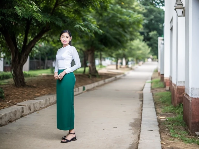 beautiful girl with cute dimples, smiling, wearing burmese dress, walking in Bagan's street, ACMM LS OUTFIT, WEARING ACMM TOP OLIVE GREEN ACMM TOP; LONG SLEEVES, WEARING ACMM LONG SKIRT, OLIVE GREEN ACMM LONG SKIRT, PRINTED SKIRT OUTDOORS, SCENERY, TRADITIONAL MEDIA, SKY, DAY, PHOTO BACKGROUND, REAL WORLD LOCATION, ARCHITECTURE, NATURE, RUINS LANDSCAPE, BAGAN ANCIENT PAGODA BACKGROUND