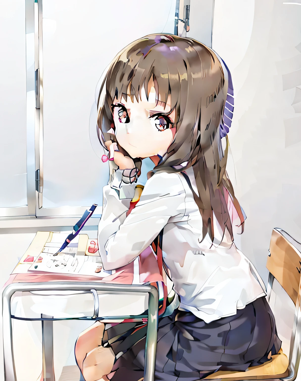 Anime girl sitting at desk writing on paper, Anime visual of a cute girl, Beautiful anime high school girl, cute anime girl, an anime girl, anime long hair girl, anime best girls, Yuri Yuri, young anime girl, anime style, In the anime style, cute anime, An anime picture, Animation