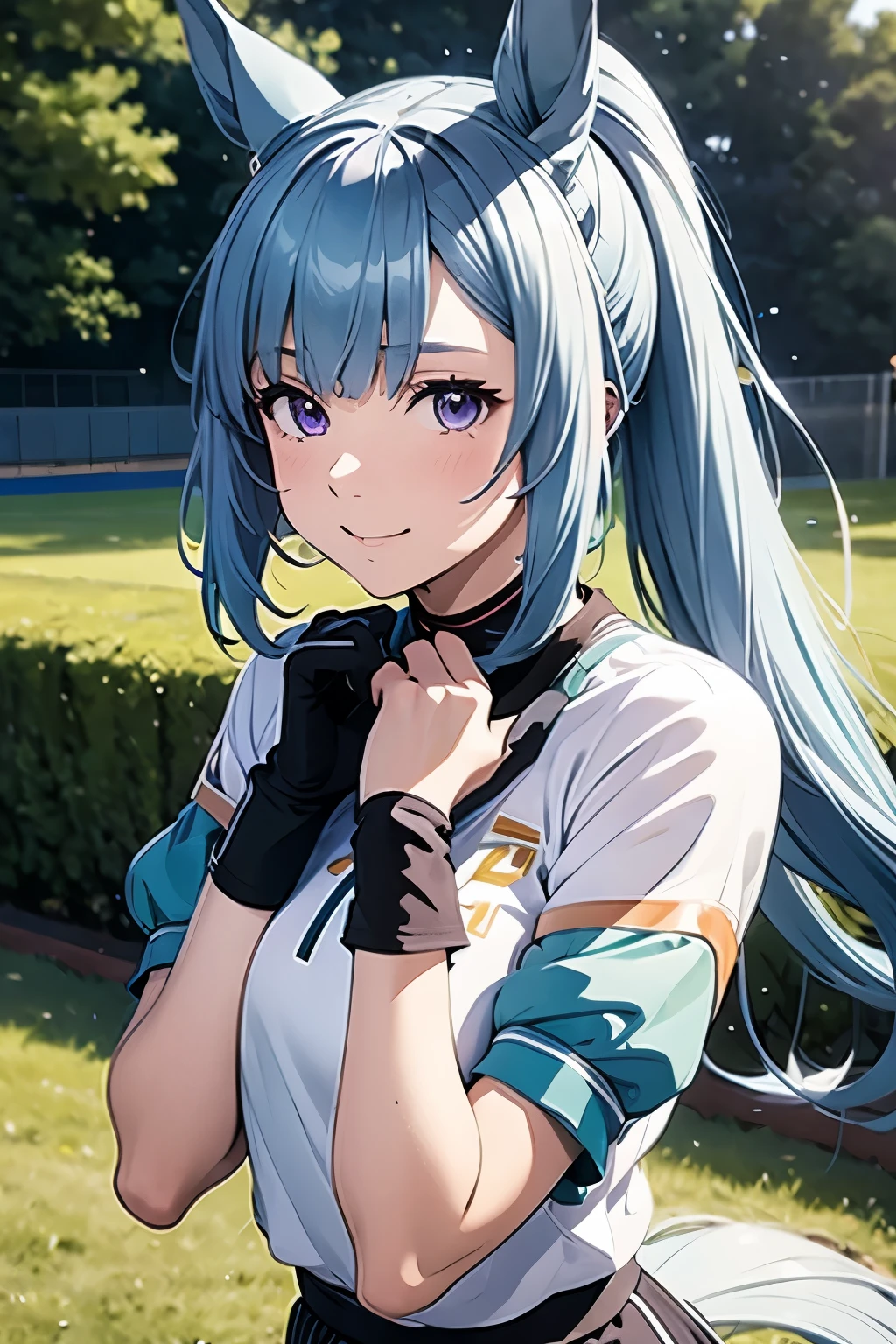 Mejiro Aldan、Uma Musume、light blue hair(ponytail)、purple eyes、beautiful skin、horse ears、horse tail、dripping sweat、smile、full breasted、training jersey、running jersey、running in the park、high resolution、high quality