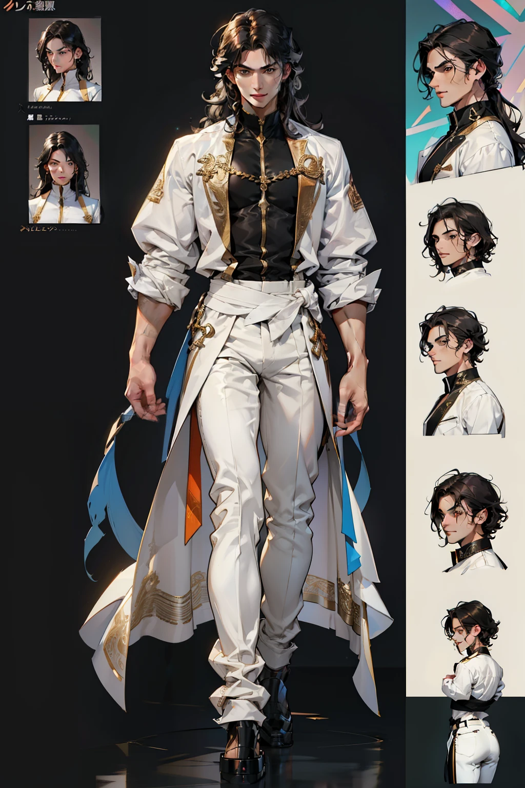 light-skinned man 30 years old, male, Brown eyes, Black hair, long hair, curly hair, anime style, 4K image, whole body, Holographic background, Character Sheet, Handsome male. sharp face, Male 20-25 years old, 165 centimeters tall. Black hair. curly hair. black lipstick. Slim body. Character Design Sheet，whole bodyesbian, Full of details, body front view, Rear view of the body,  white aristocratic shirt, brown pantsuit, times, Detailed face, Character Design Sheet whole bodyesbian, Full of details, Front view of the body, back view of the body, very detailed, Depth