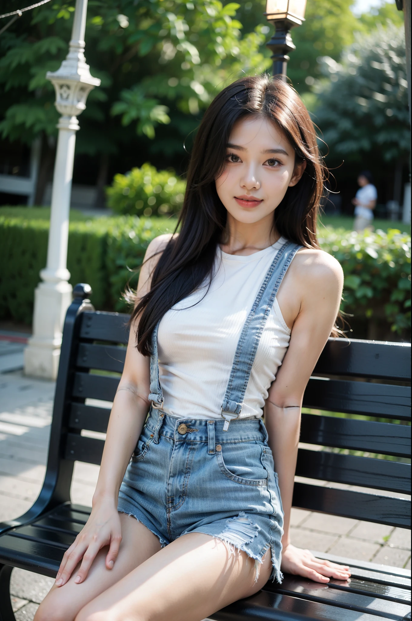 Surrealism, high detail, Cinema lighting, Ray tracing, view, Shoot at eye level, ultra high definition, masterpiece, textured skin, 4K, best quality,SLR texture,Backlight,Aperture 1.4,Focal length 35mm,ISO400,long hair girl,long black hair,White suspenders,ripped short shorts,Light blue denim shorts,Outdoors,Behind the scenes is a Gothic church,sit on a bench,street lamp,A hand ruffled his hair,Smile,