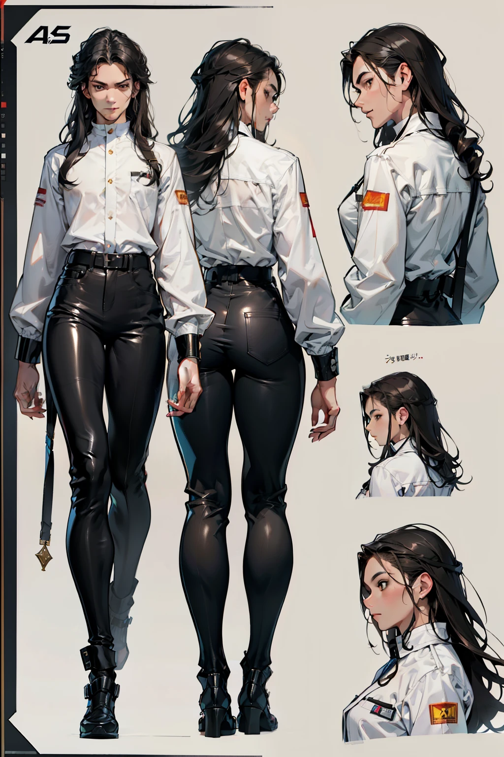 light-skinned man 30 years old, male, Brown eyes, Black hair, long hair, curly hair, anime style, 4K image, whole body, Holographic background, Character Sheet, Handsome male. sharp face, Male 20-25 years old, 165 centimeters tall. Black hair. curly hair. black lipstick. Slim body. Character Design Sheet，whole bodyesbian, Full of details, body front view, Rear view of the body,  white aristocratic shirt, brown pantsuit, times, Detailed face, Character Design Sheet whole bodyesbian, Full of details, Front view of the body, back view of the body, very detailed, Depth