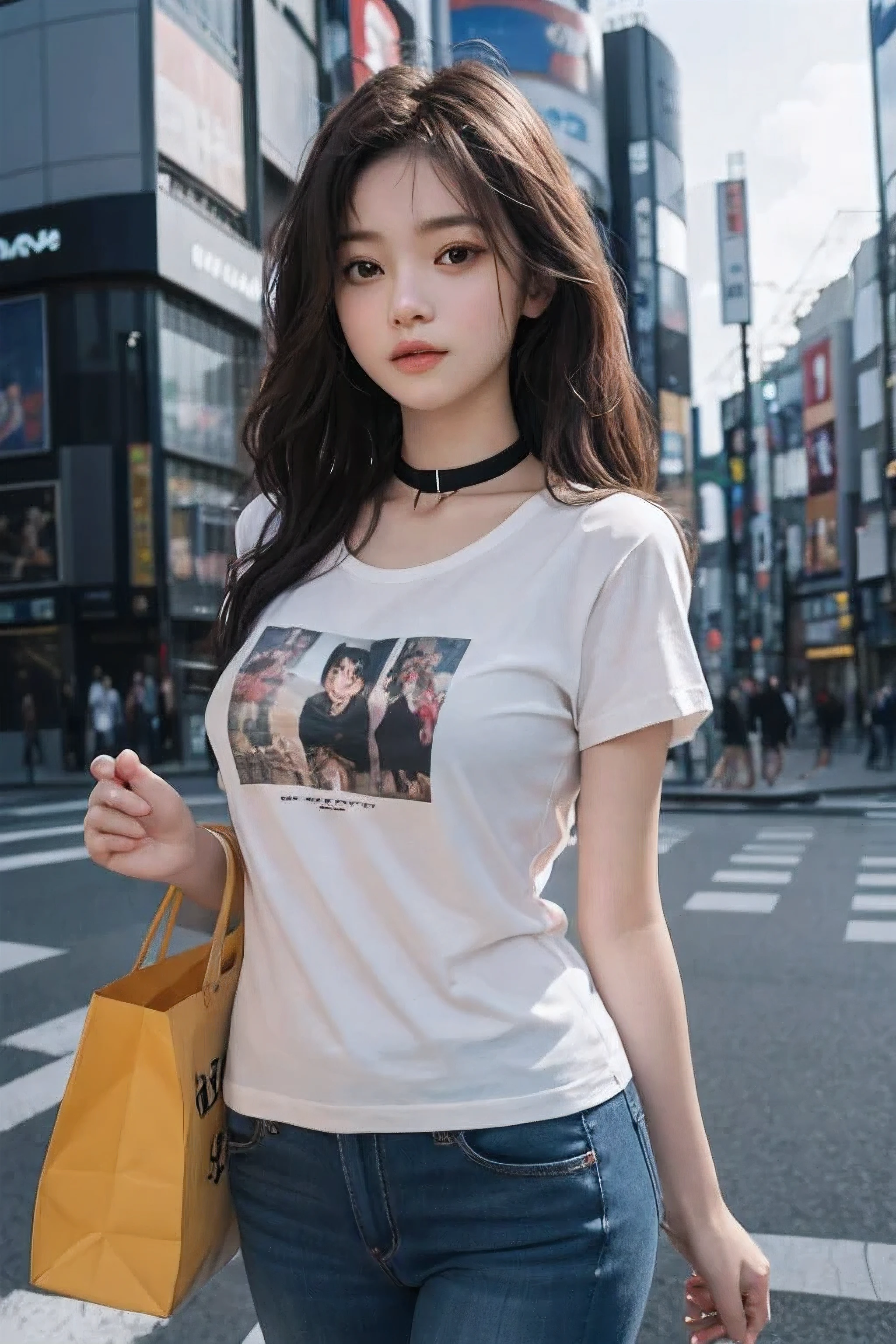 Best Quality Detail:1.2, realisitic, 8K UHD, hight resolution, 1girl in:1.2, The ultra-detailliert, High quality textures, intricate detailes, detaileds, Very detailed CG, High quality shadows, Detail Beautiful delicate face, Detail Beautiful delicate eyes, depth of fields, Ray traching, in her 20s, Pretty Kpop Girl, Korean Urzan Face:1.1, Slender face, ulzzang -6500-v1.1:0.6, pureerosface_v1, gloweyes, teak, Glossy lips, perfectbody, a choker、cleavage of the breast、 Brown hair、poneyTail:1.1, Street, Particle, look at viewr, Photorealsitic:1.4, ultra-detailliert, photos realistic, 4K 8K UHD Full Color RAW Photos, Fuji Film(Medium format:1.2), Hasselblad:1.2, Carl zeiss:1.1, Incredible dynamic range photography(UTIL_Art by Smoose-768:1.1), hight resolution, High pixel count, clear details, crisp image, Natural color reproduction, Noise Reduction, High fidelity, qulity, Software Improvements, Upscaling, Optimized algorithms, Pro-level retouching、((Shibuya, tokyo prefecture))、On the way to shopping、((Fashionable clothes with a very high design))、graphic t-shirt: Art and Logos、Graphic T-shirts printed with anime characters are trending.、Used for unique styling